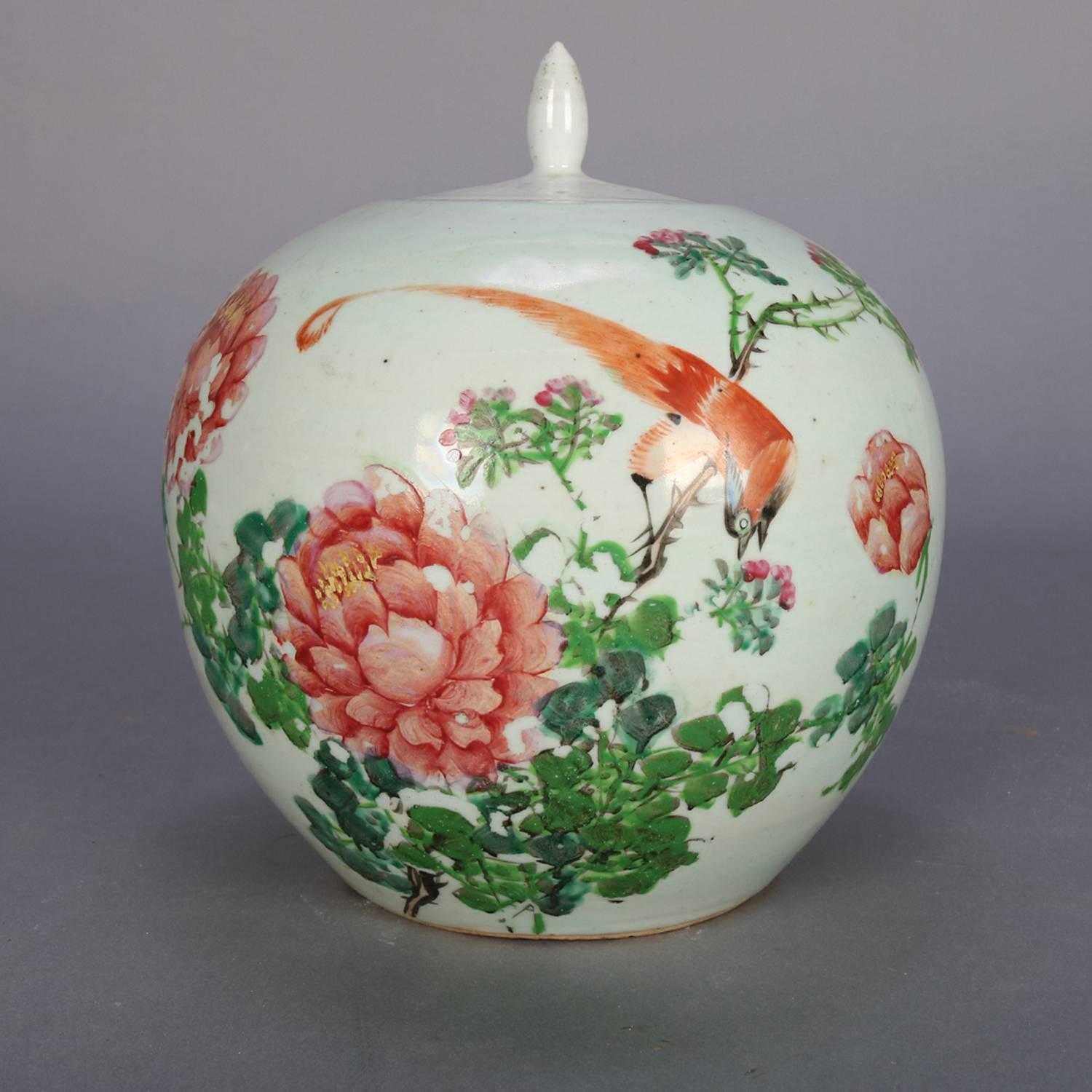 Antique Chinese Hand-Painted and Gilt Ginger Jar Chop Marks, Floral and Bird In Good Condition In Big Flats, NY