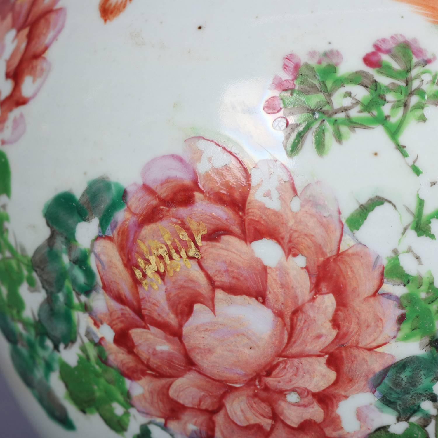 19th Century Antique Chinese Hand-Painted and Gilt Ginger Jar Chop Marks, Floral and Bird