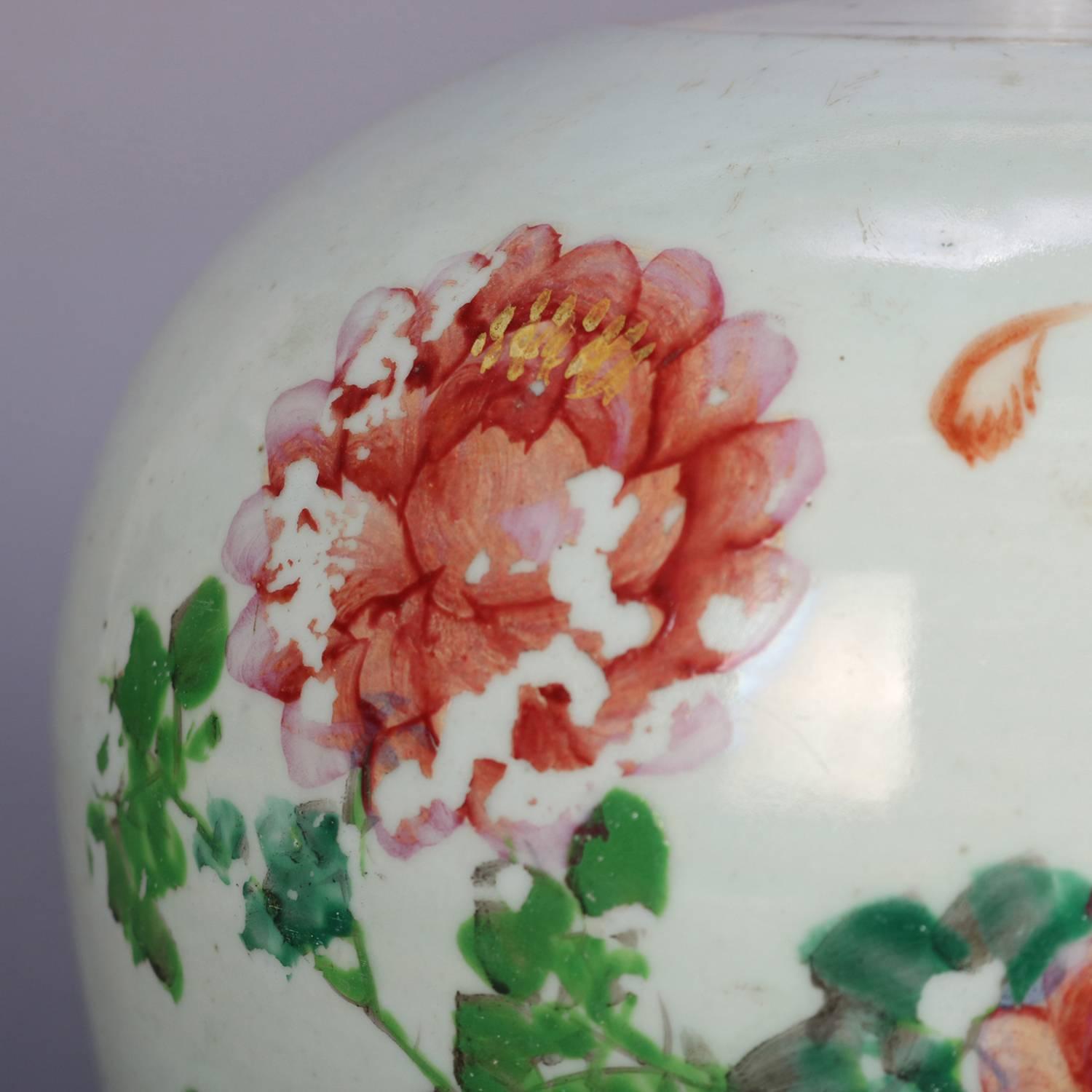 Porcelain Antique Chinese Hand-Painted and Gilt Ginger Jar Chop Marks, Floral and Bird