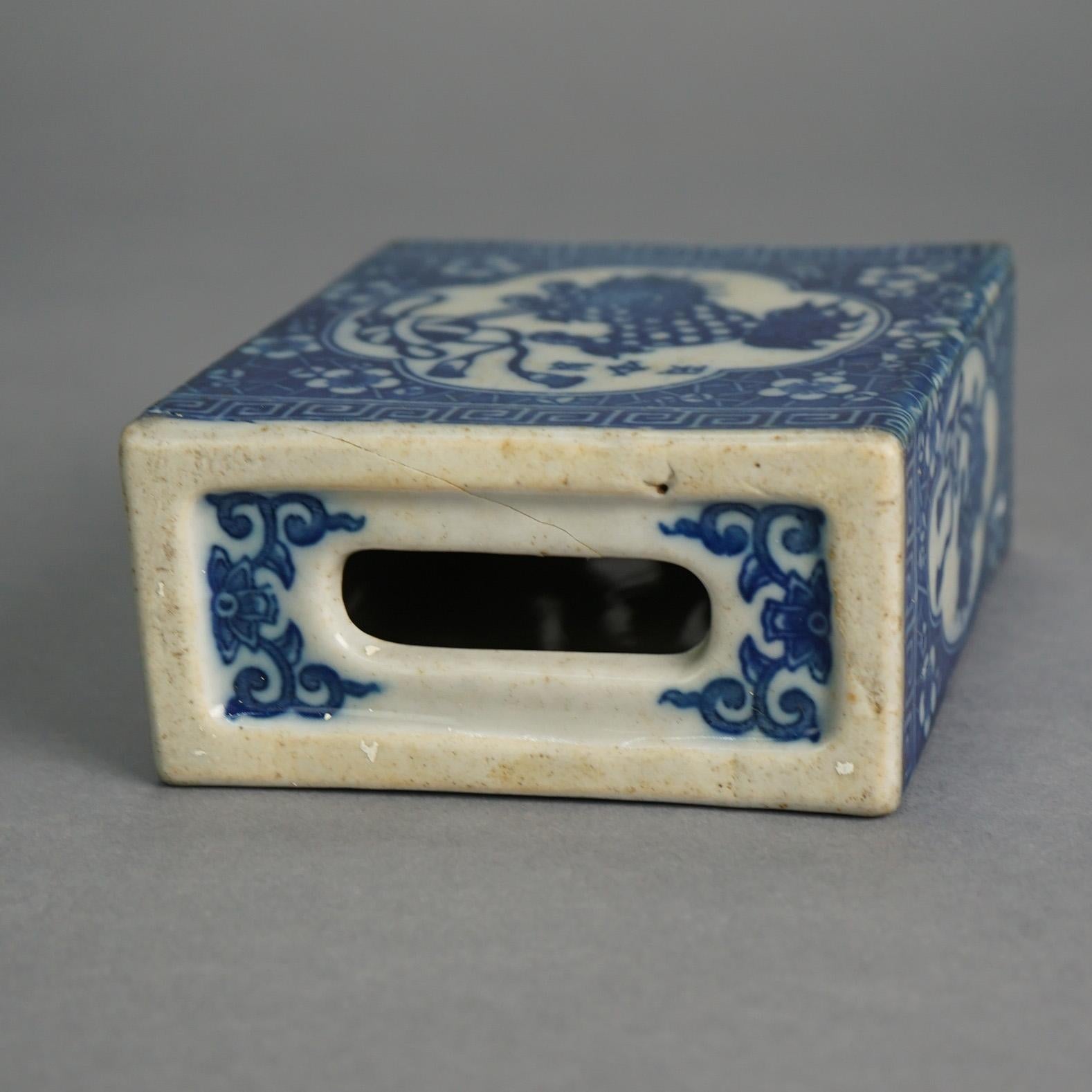 Antique Chinese Hand Painted Blue & White Porcelain Foo Dog Flower Frog C1920 For Sale 3