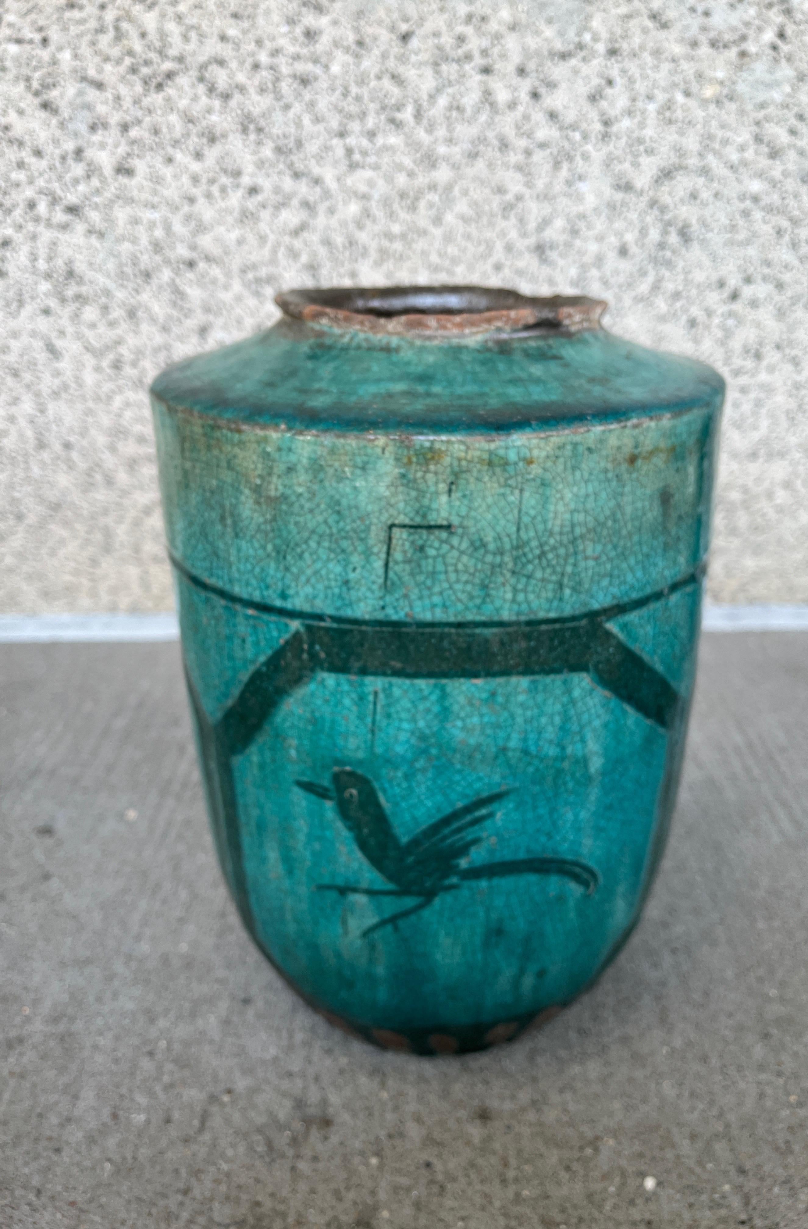 Antique Chinese Hand Painted Ceramic Jar with Bird Image 12
