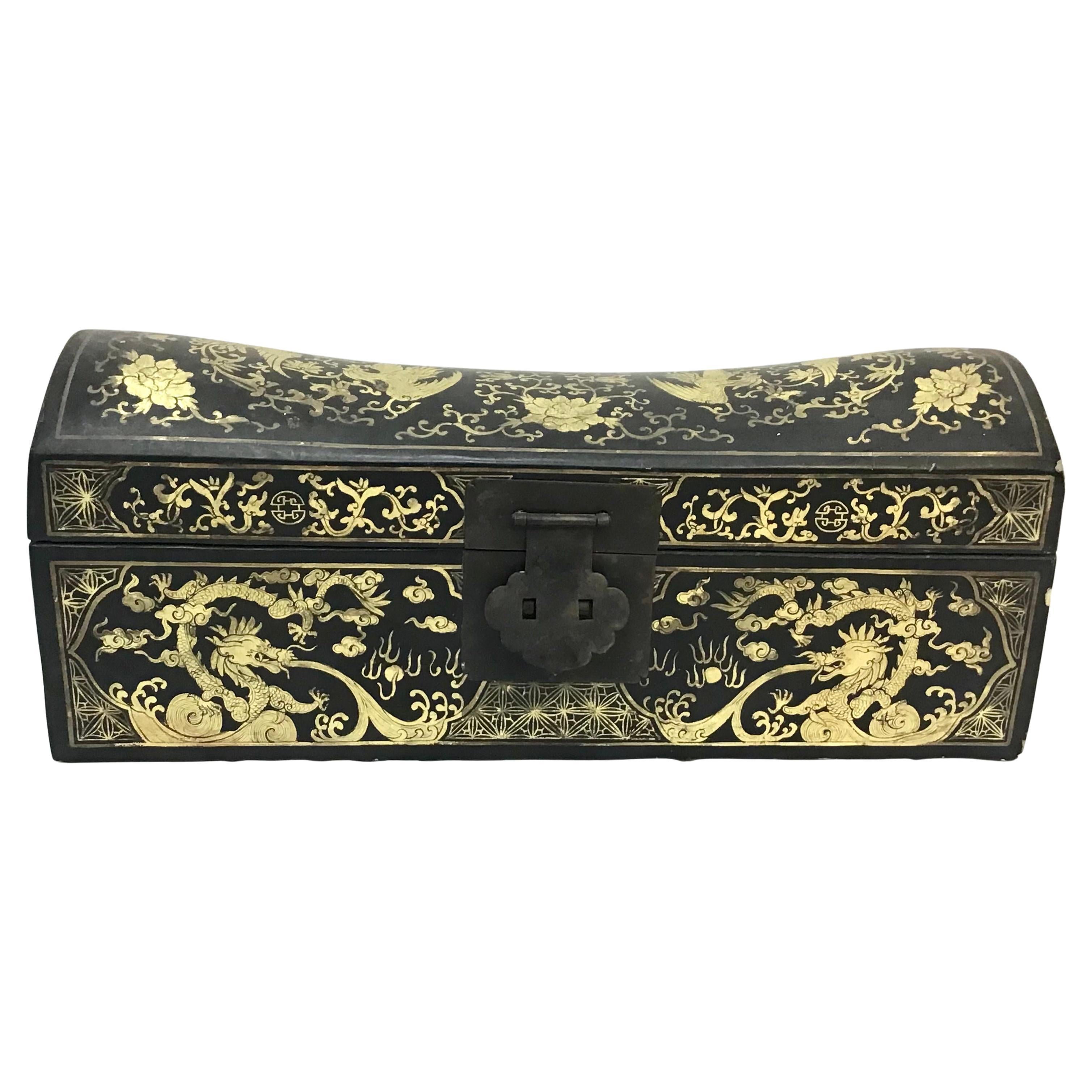 Antiguo Cofre Almohada Chino Pintado a Mano Chinoiserie
