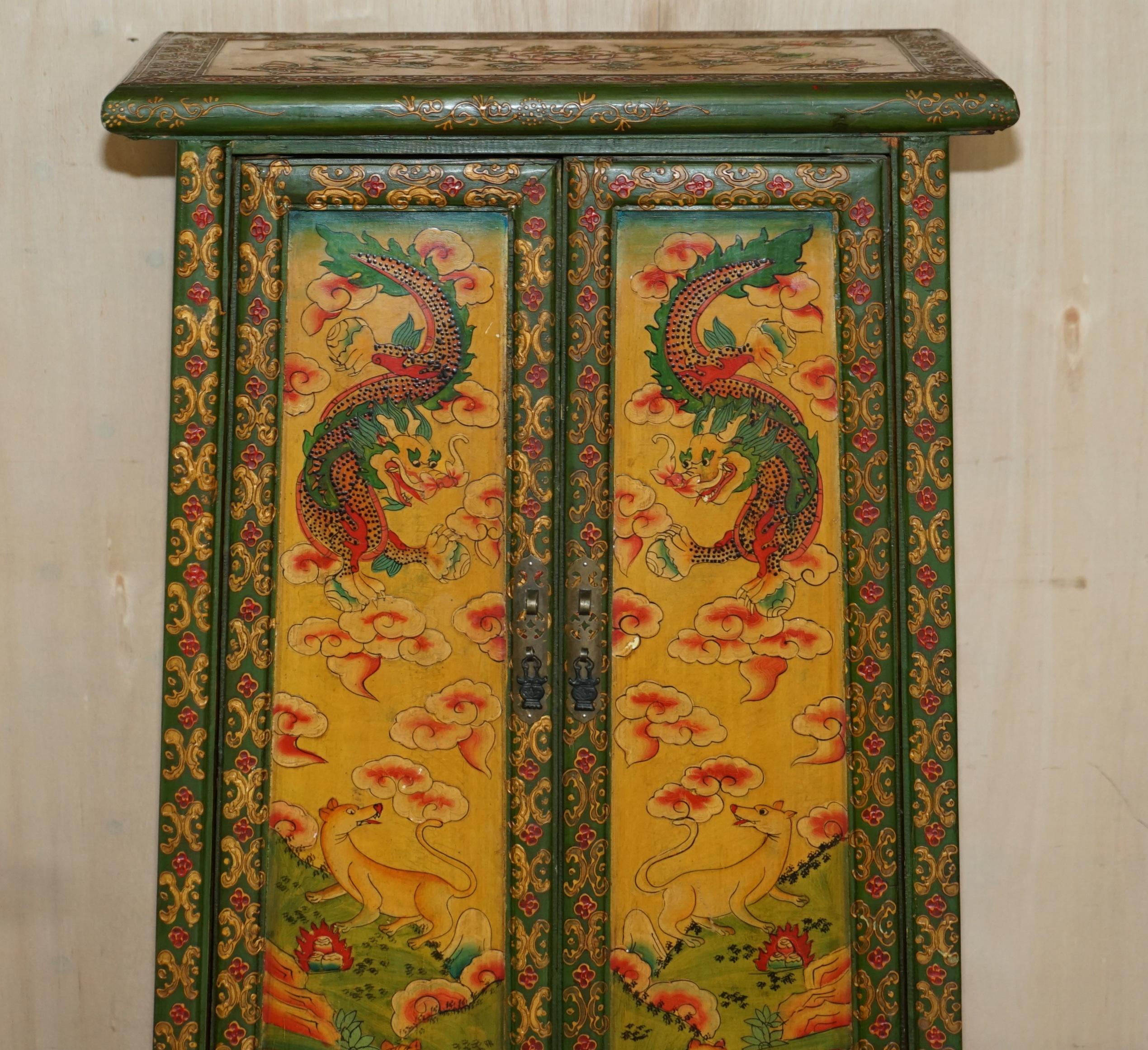Chinese Export Antique Chinese Hand Painted Dragon & Rural Scene Side Cabinet Cupboard Shelves