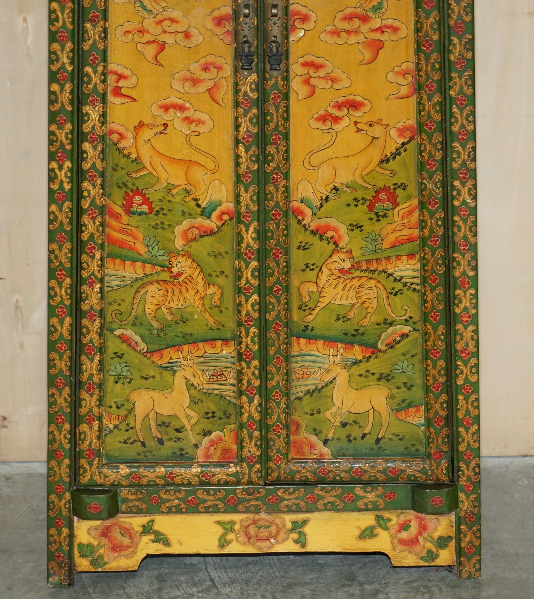 Lacquered Antique Chinese Hand Painted Dragon & Rural Scene Side Cabinet Cupboard Shelves