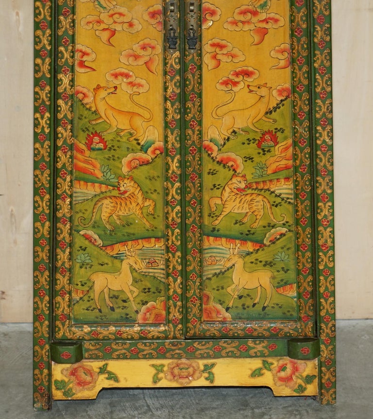 Antique Chinese Hand Painted Dragon and Rural Scene Side Cupboard Shelves For Sale at