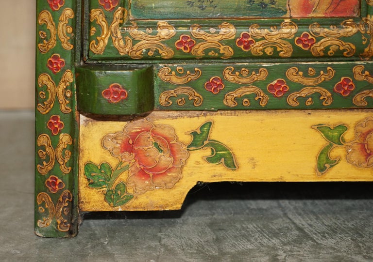 Antique Chinese Hand Painted Dragon and Rural Scene Side Cupboard Shelves For Sale at
