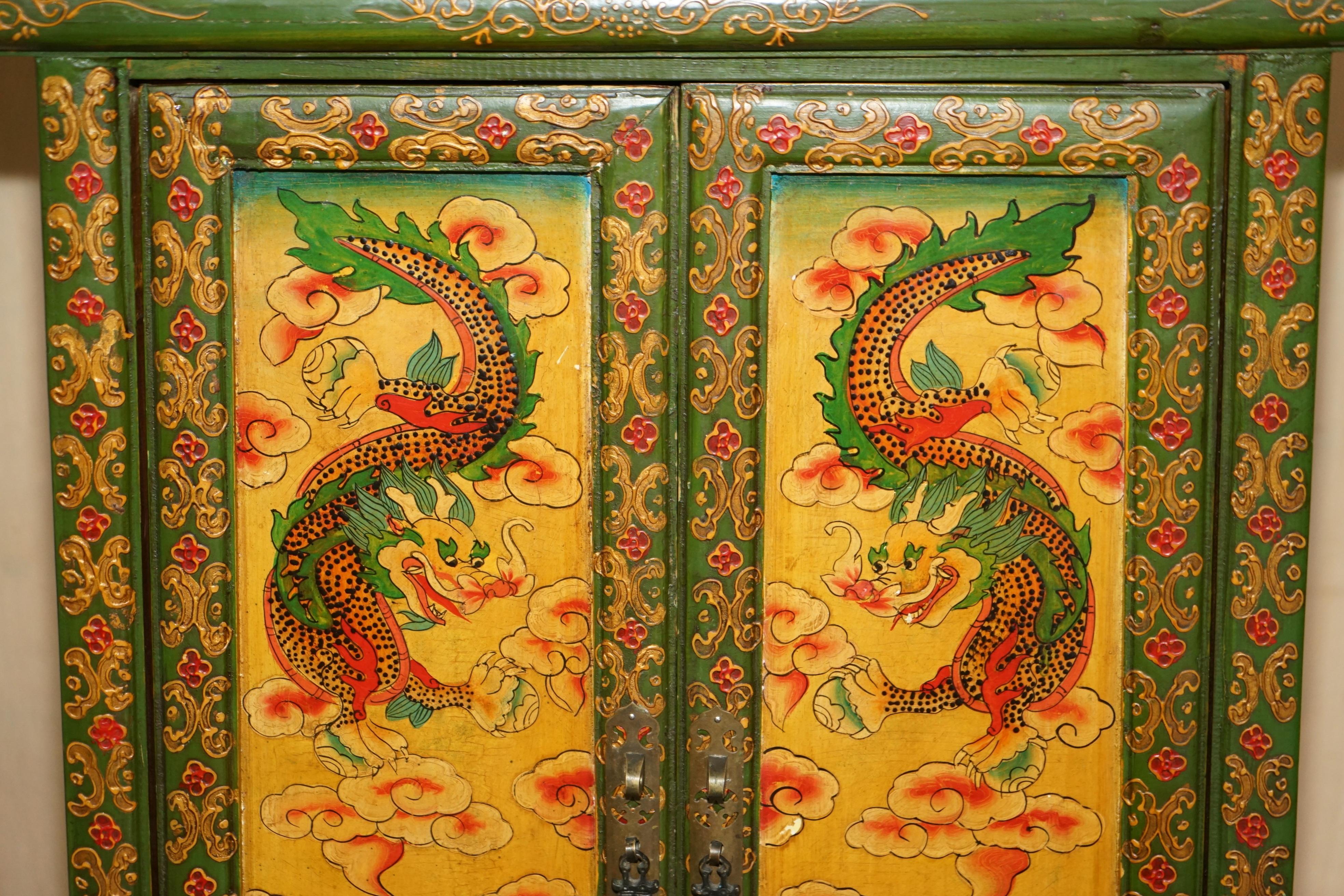 Antique Chinese Hand Painted Dragon & Rural Scene Side Cabinet Cupboard Shelves 2