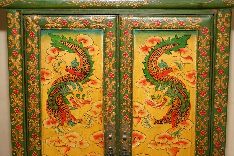 Antique Chinese Hand Painted Dragon and Rural Scene Side Cupboard Shelves For Sale at