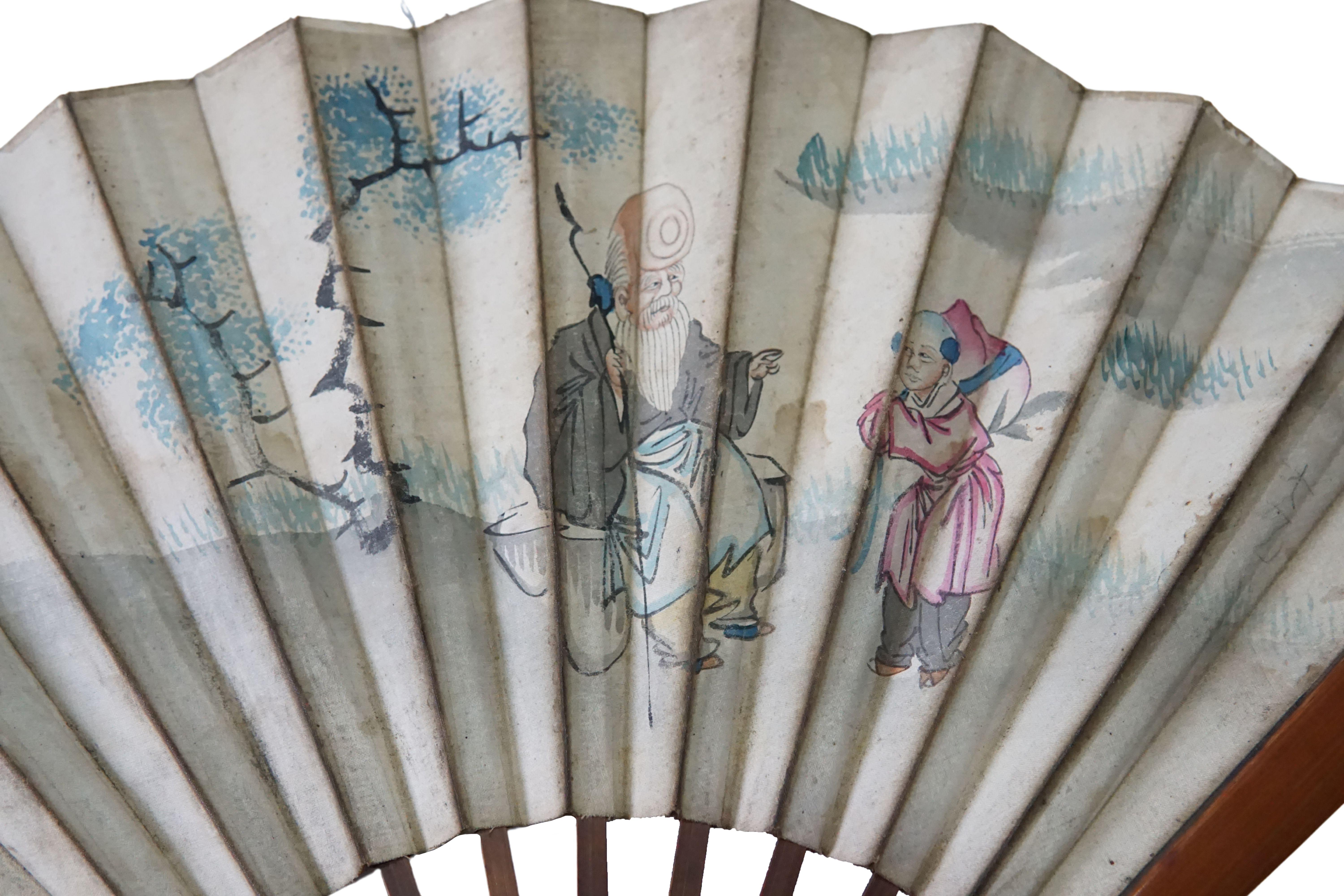 Chinoiserie Antique Chinese Hand Painted Fan with Calligraphy, c. 1900 For Sale