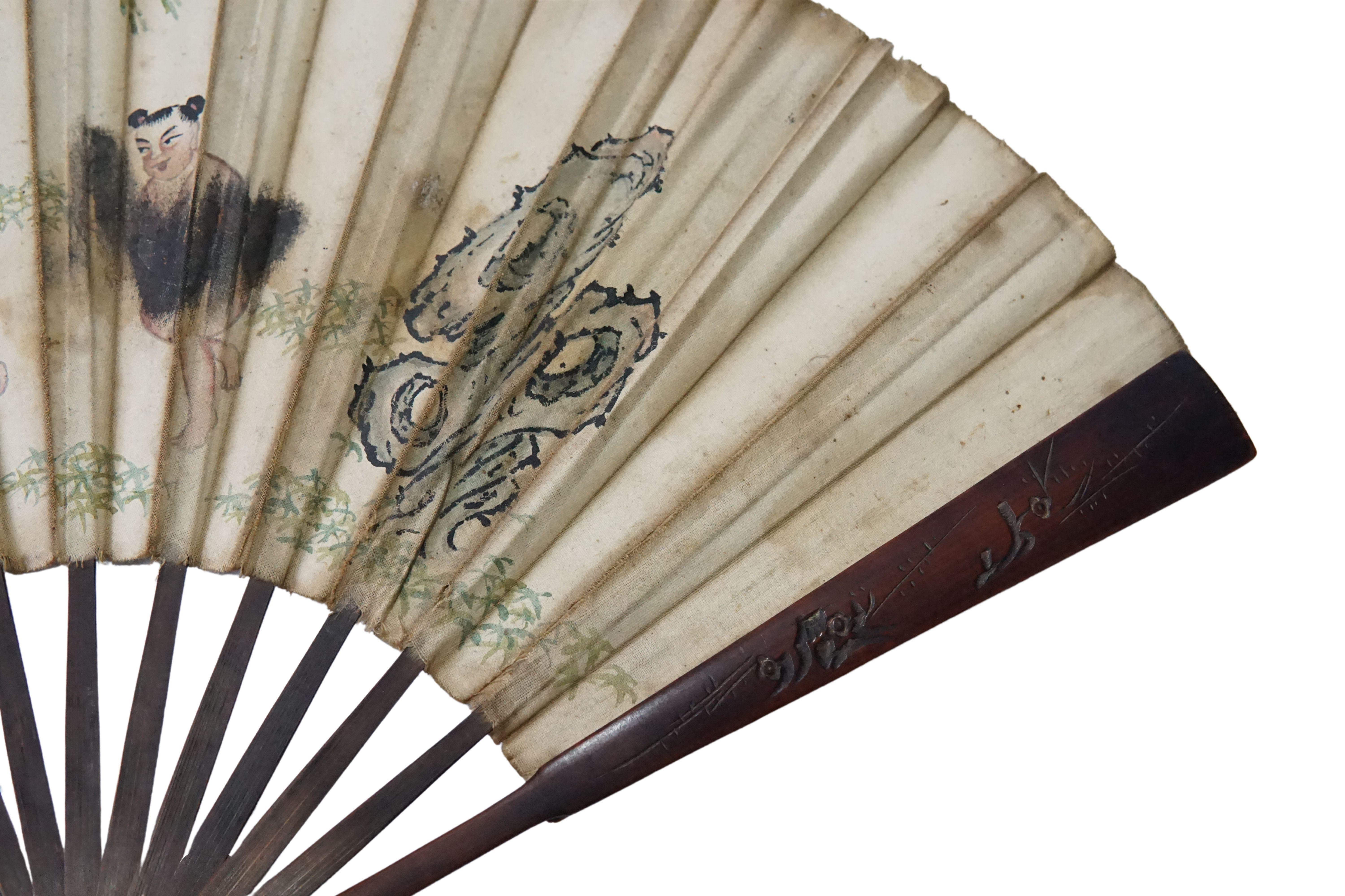 Chinoiserie Antique Chinese Hand Painted Fan with Calligraphy, c. 1900 For Sale