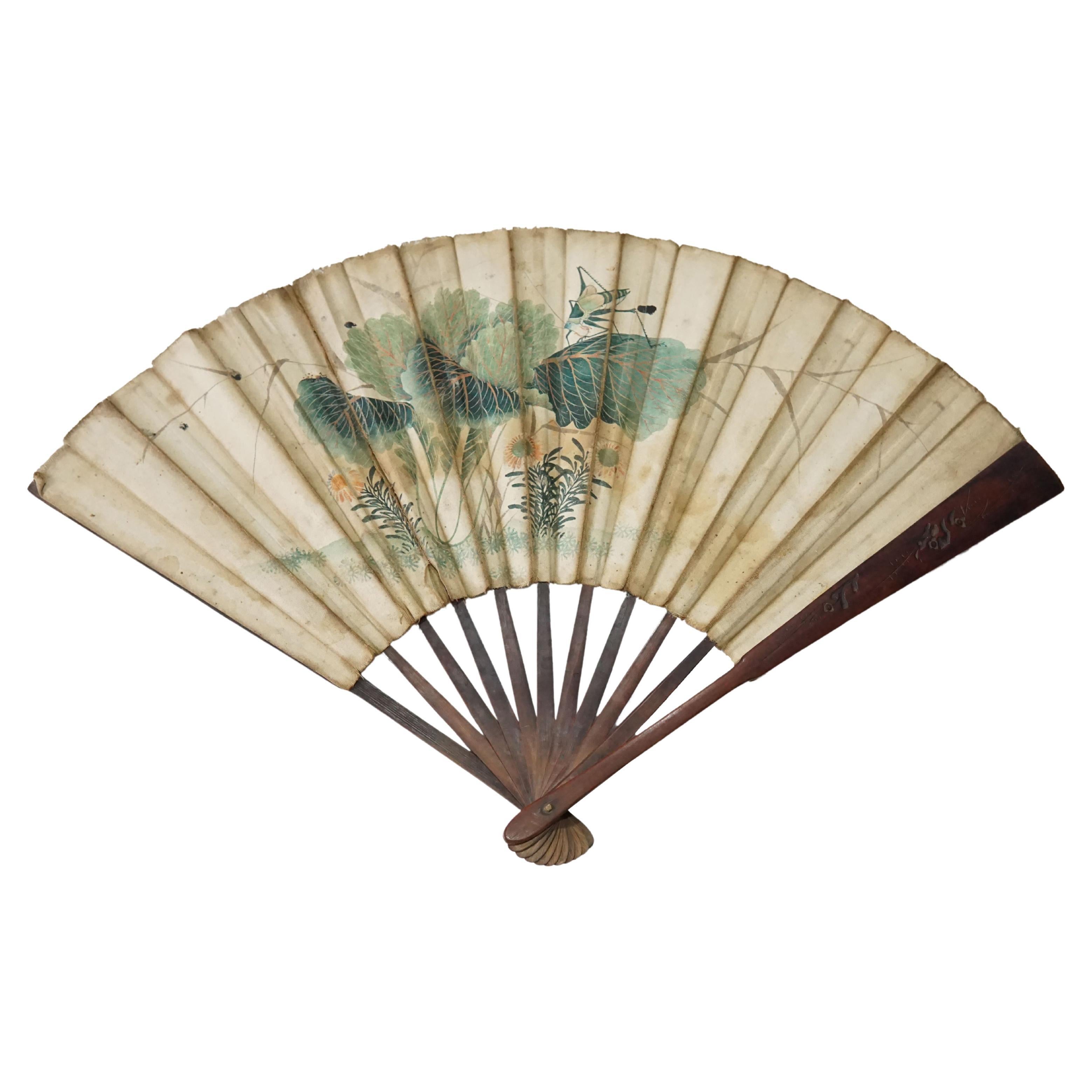 Antique Chinese Hand Painted Fan with Calligraphy, c. 1900 For Sale