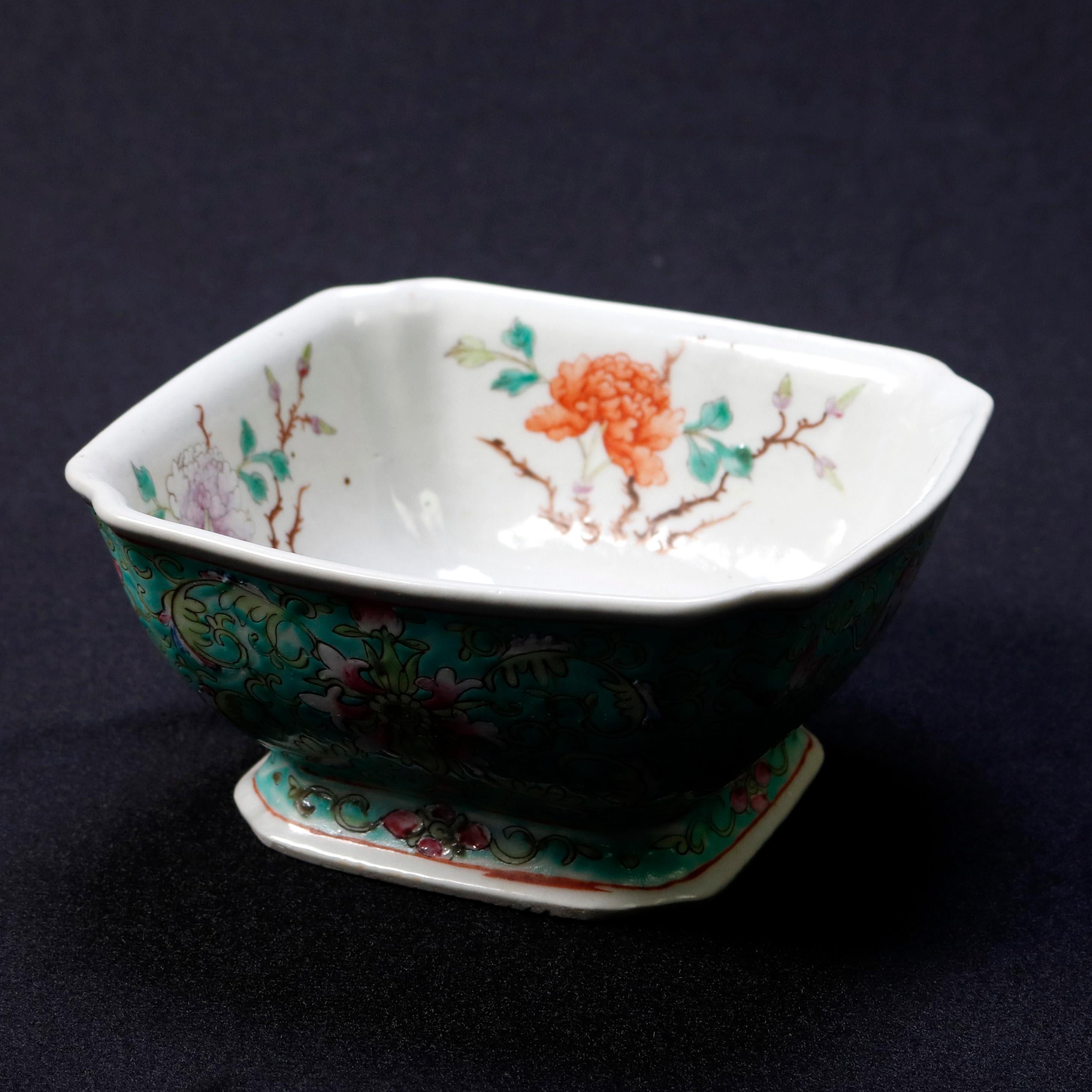 Antique Chinese Hand Painted Floral Celedon Decorated Bowl, Signed, 19th Century In Good Condition In Big Flats, NY