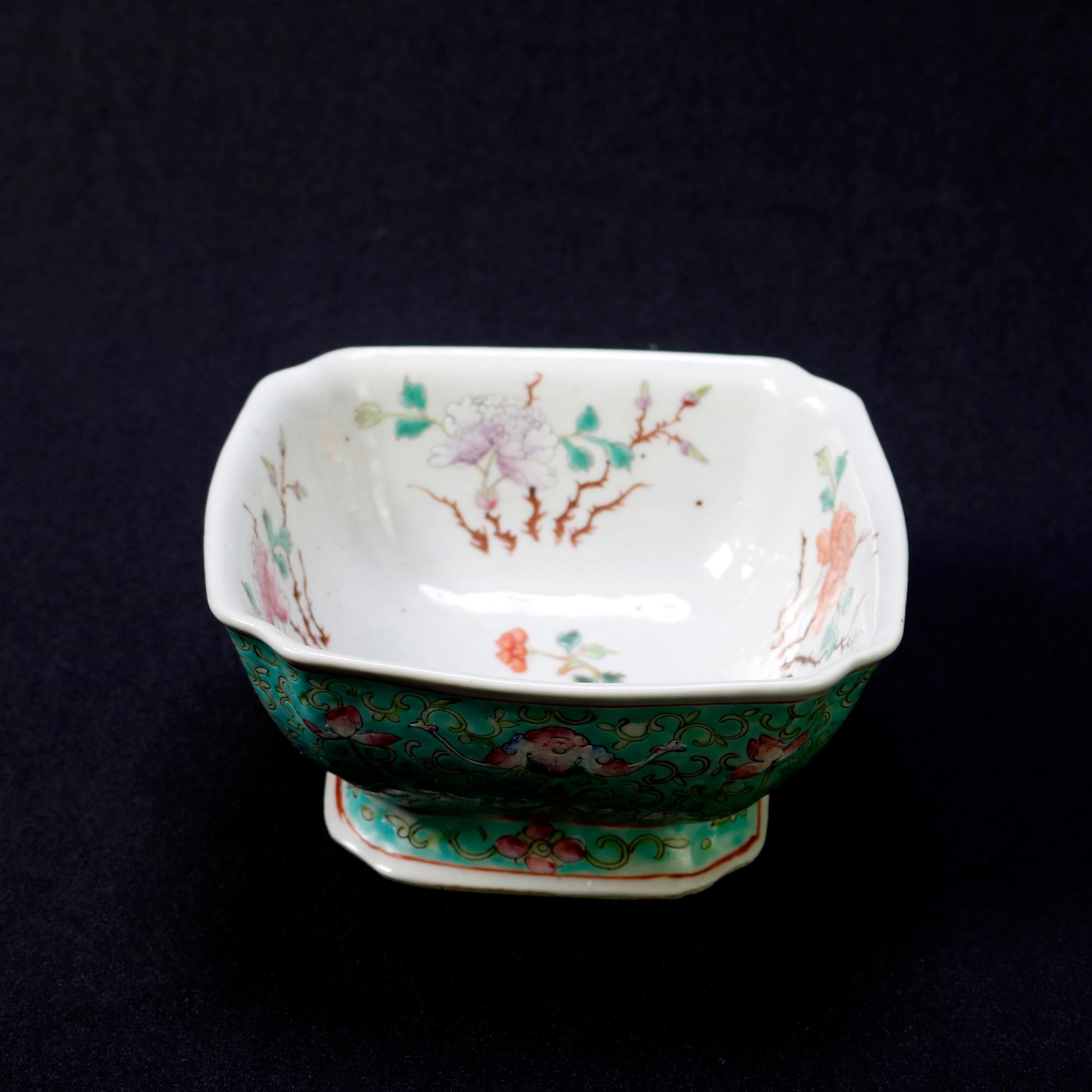 Ceramic Antique Chinese Hand Painted Floral Celedon Decorated Bowl, Signed, 19th Century