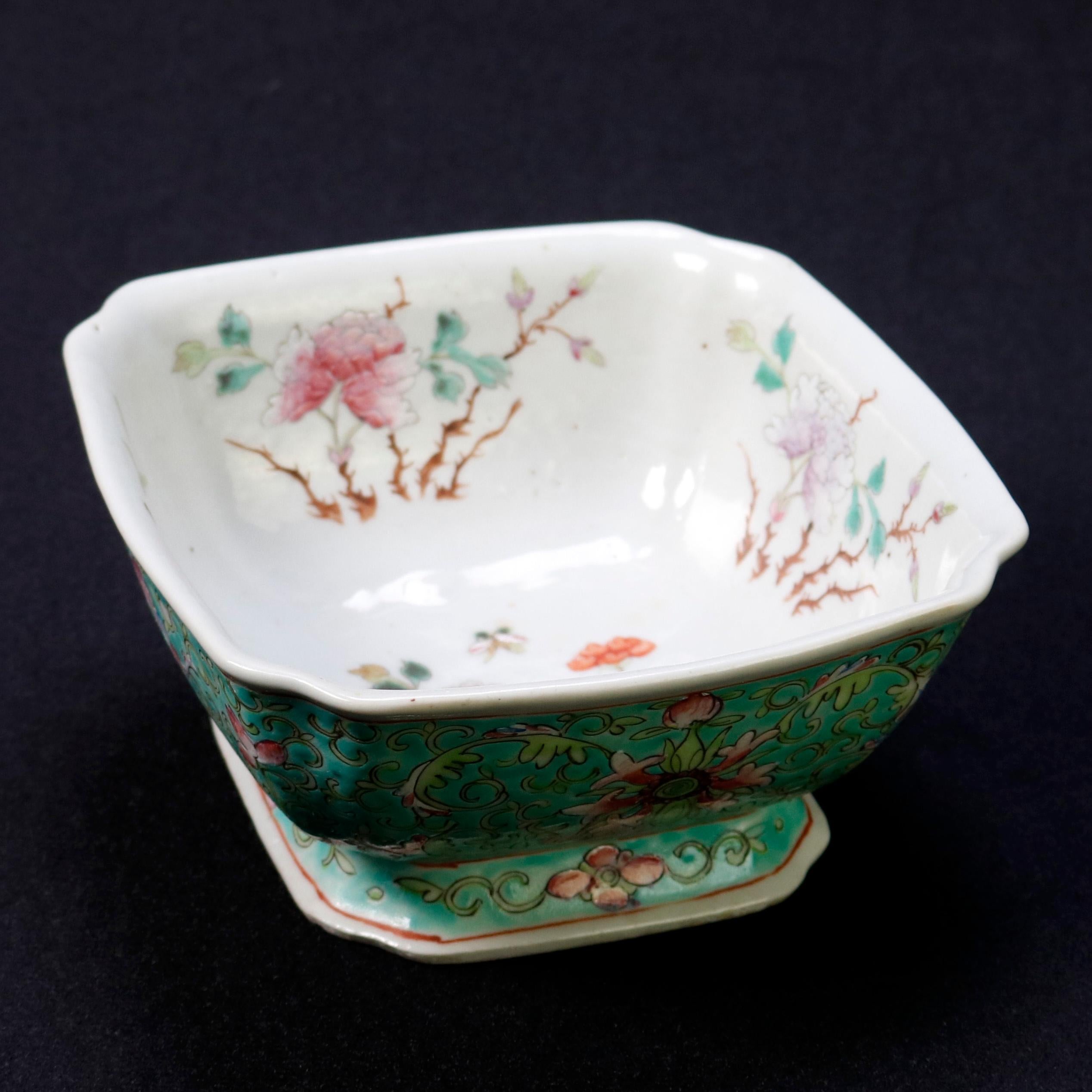 Antique Chinese Hand Painted Floral Celedon Decorated Bowl, Signed, 19th Century 2