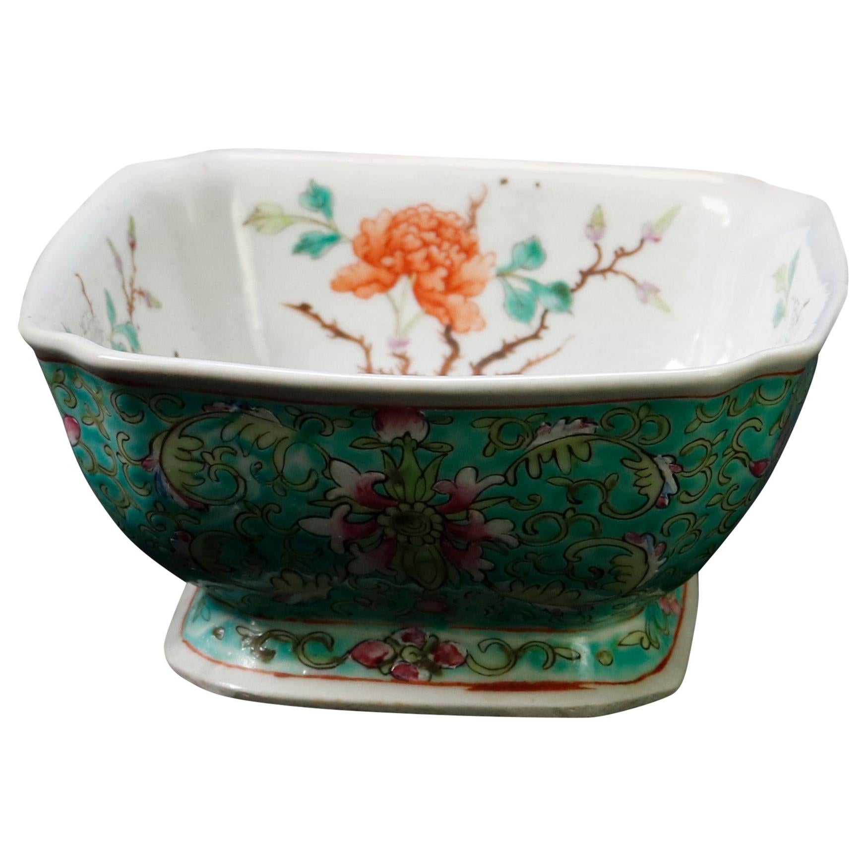 Antique Chinese Hand Painted Floral Celedon Decorated Bowl, Signed, 19th Century