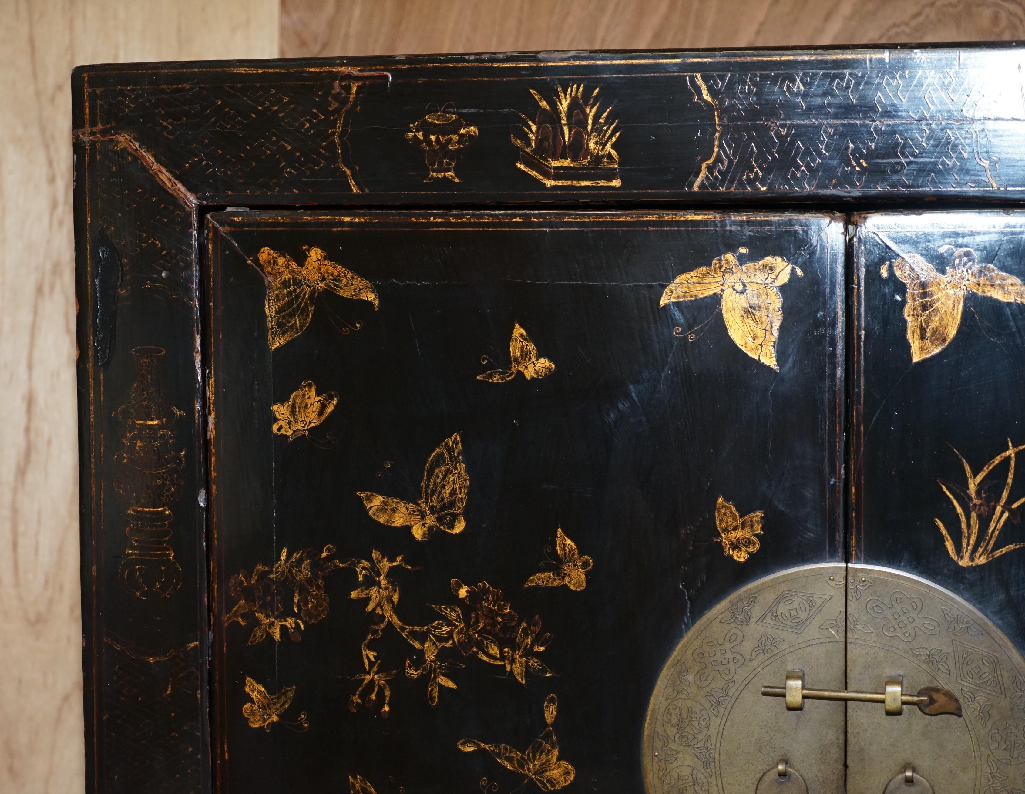 Lacquered Antique Chinese Hand Painted Gold Left Wedding Cabinet for Folded Linens Etc