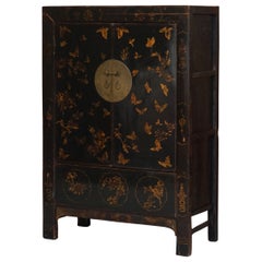 Antique Chinese Hand Painted Gold Left Wedding Cabinet for Folded Linens Etc