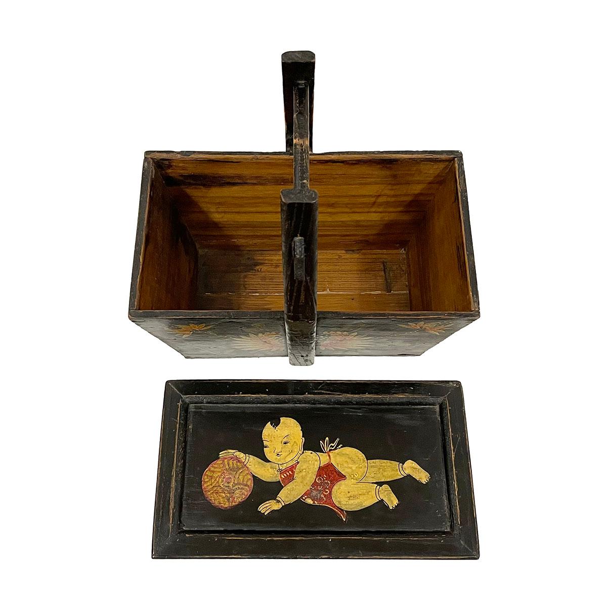 Wood Antique, Chinese Hand Painted Meal Delivery and Lunch Box For Sale