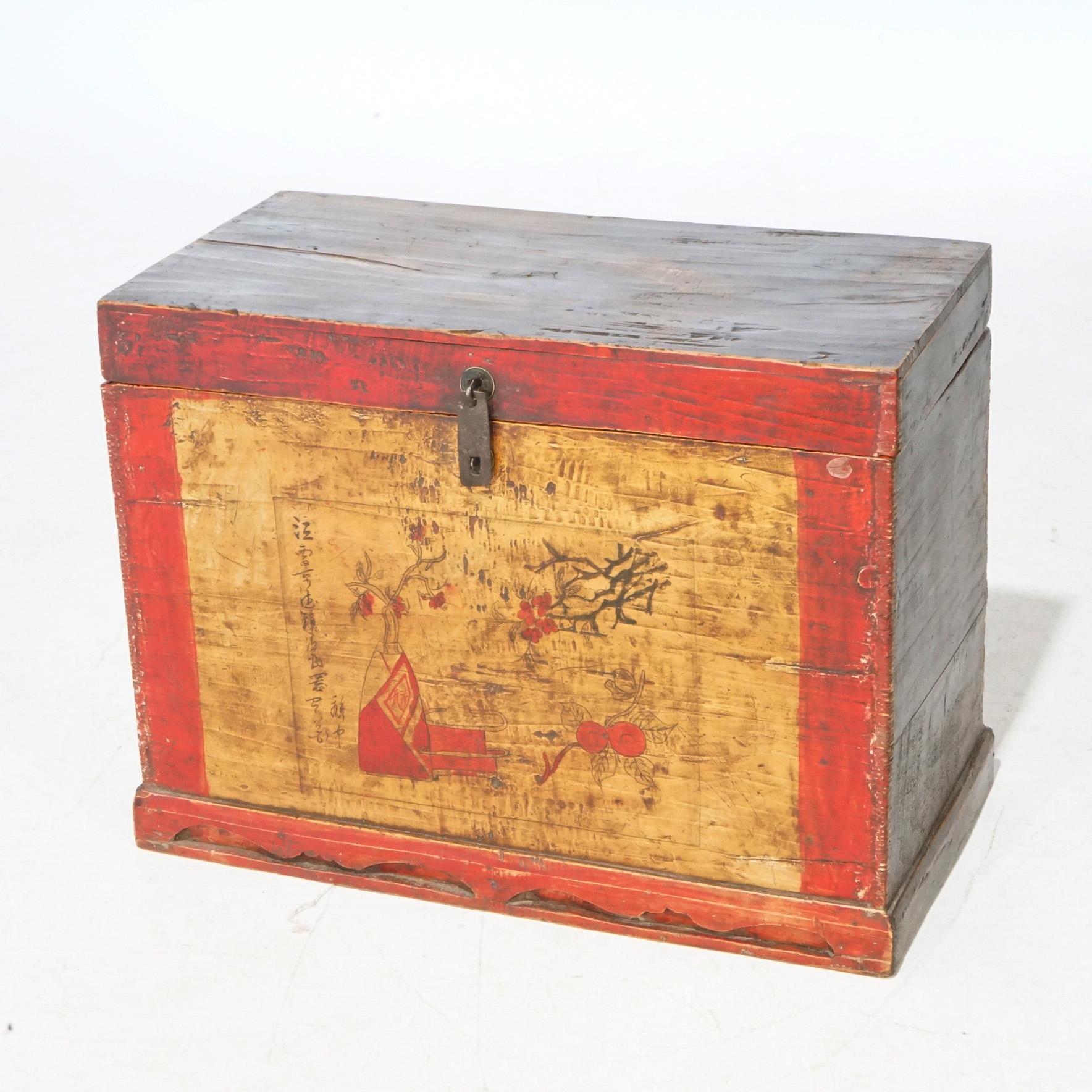 Asian Antique Chinese Hand Painted Polychrome Storage Chest, 20th Century For Sale