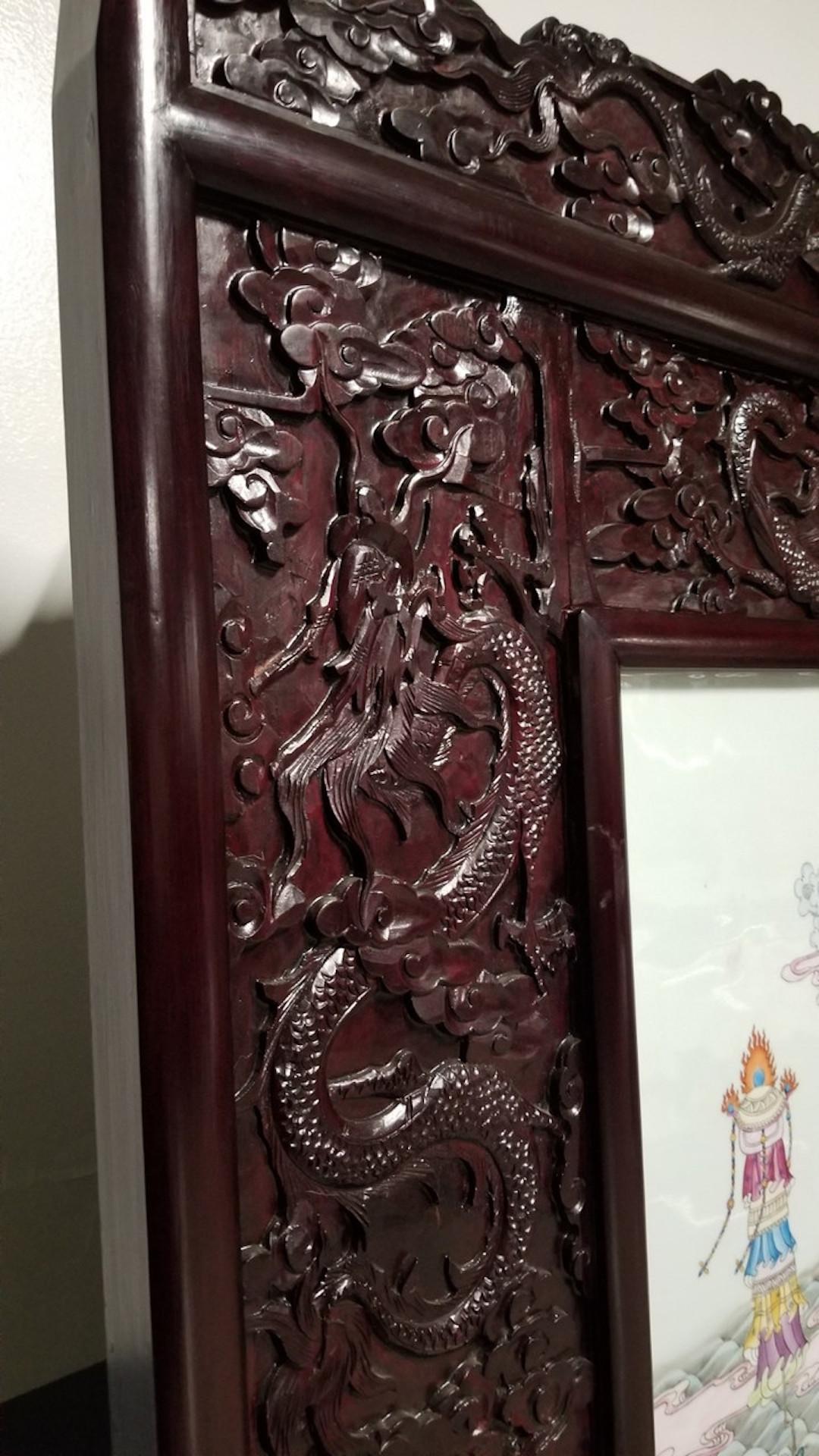 Antique Chinese Hand Painted Porcelain & Carved Rosewood Frame Room Divider For Sale 2