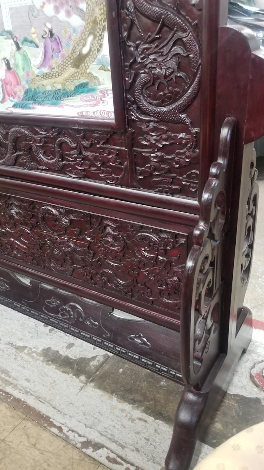 Antique Chinese Hand Painted Porcelain & Carved Rosewood Frame Room Divider For Sale 4