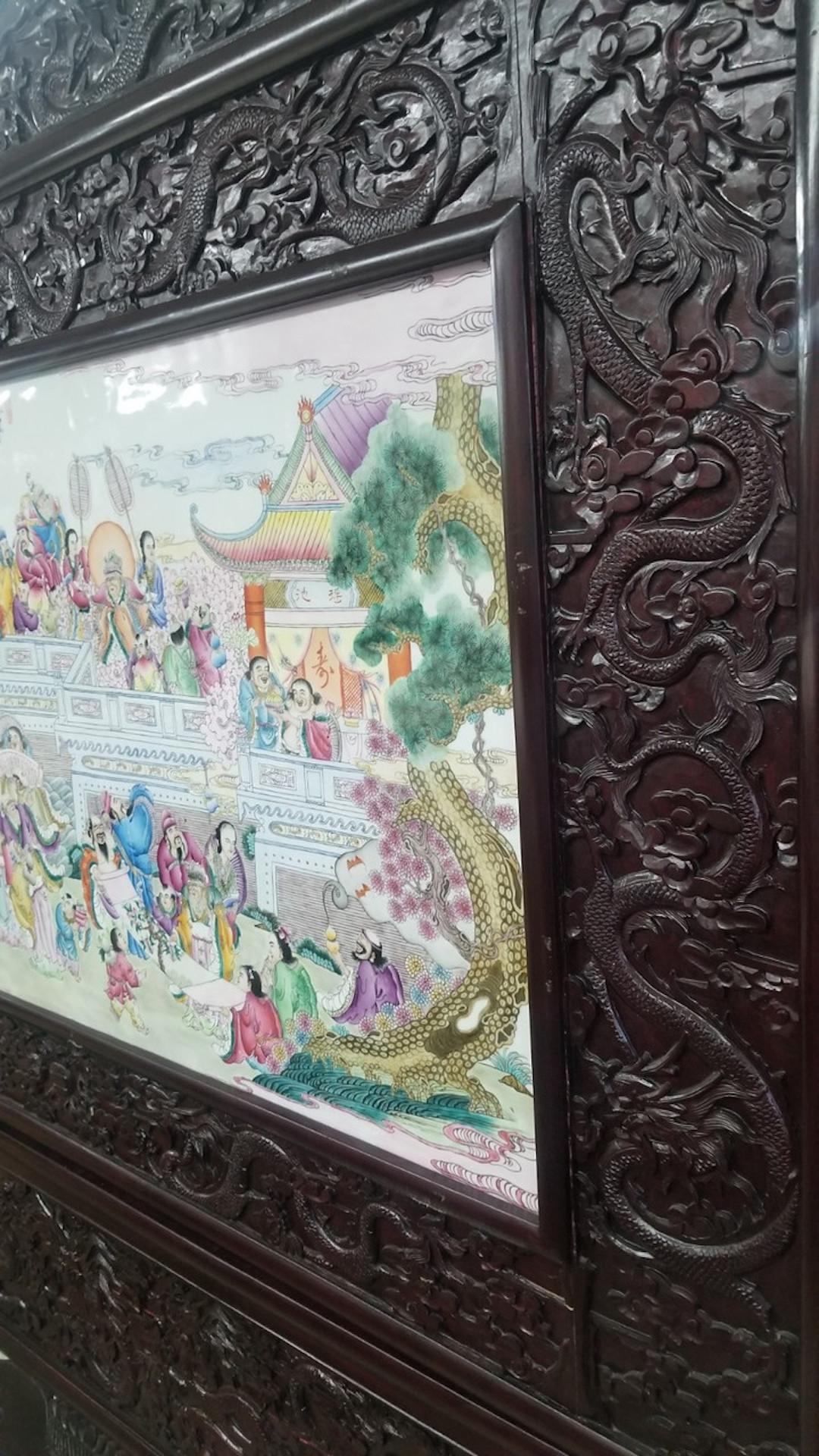 Antique Chinese Hand Painted Porcelain & Carved Rosewood Frame Room Divider For Sale 5