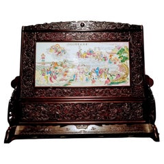 Antique Chinese Hand Painted Porcelain & Carved Rosewood Frame Room Divider