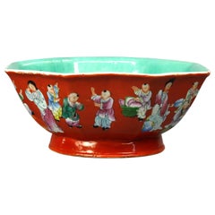 Antique Chinese Hand Painted Porcelain Serving Bowl with Figures, Signed