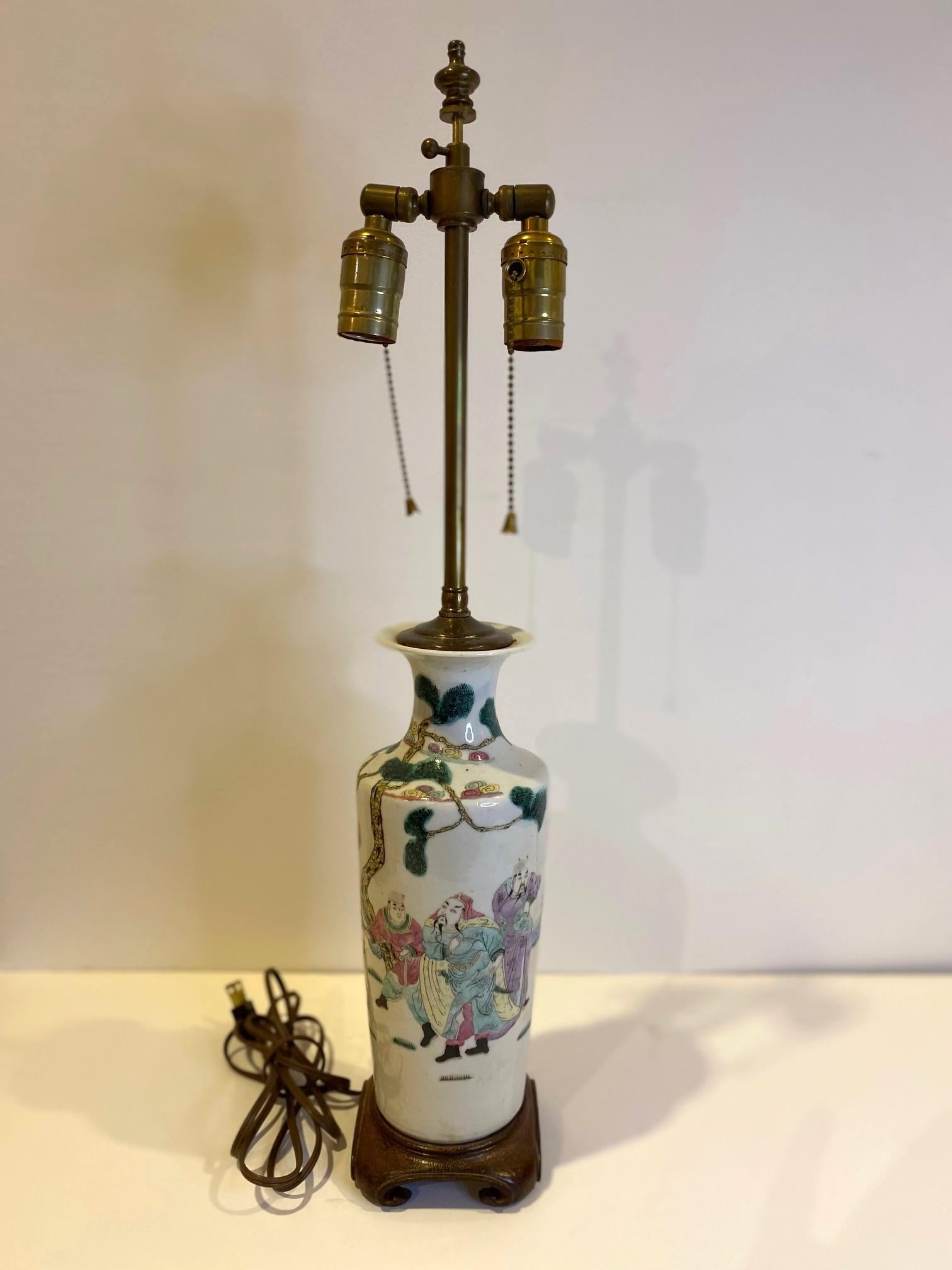 Chinese Export Antique Chinese Hand Painted Porcelain Vase Lamp For Sale