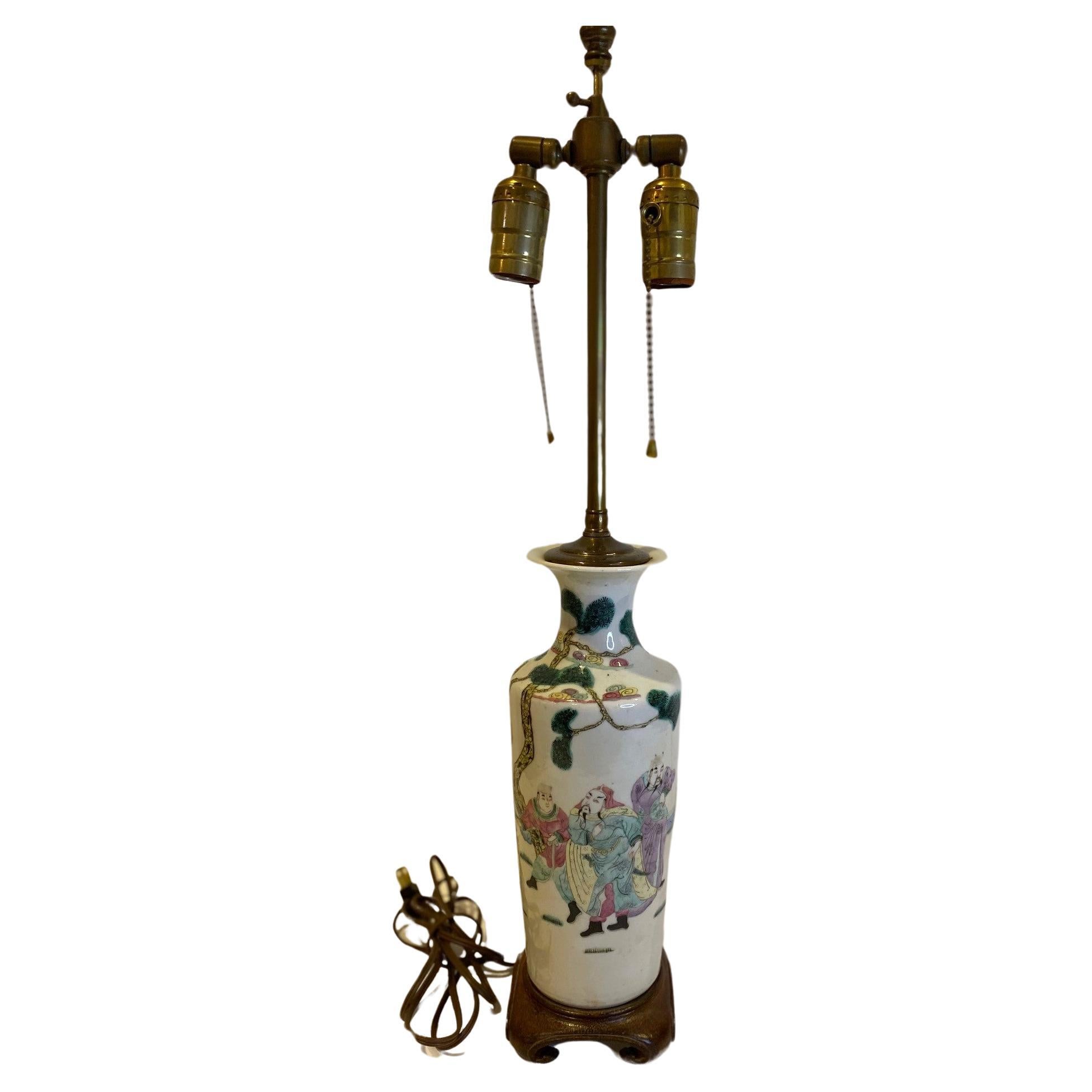 Antique Chinese Hand Painted Porcelain Vase Lamp For Sale