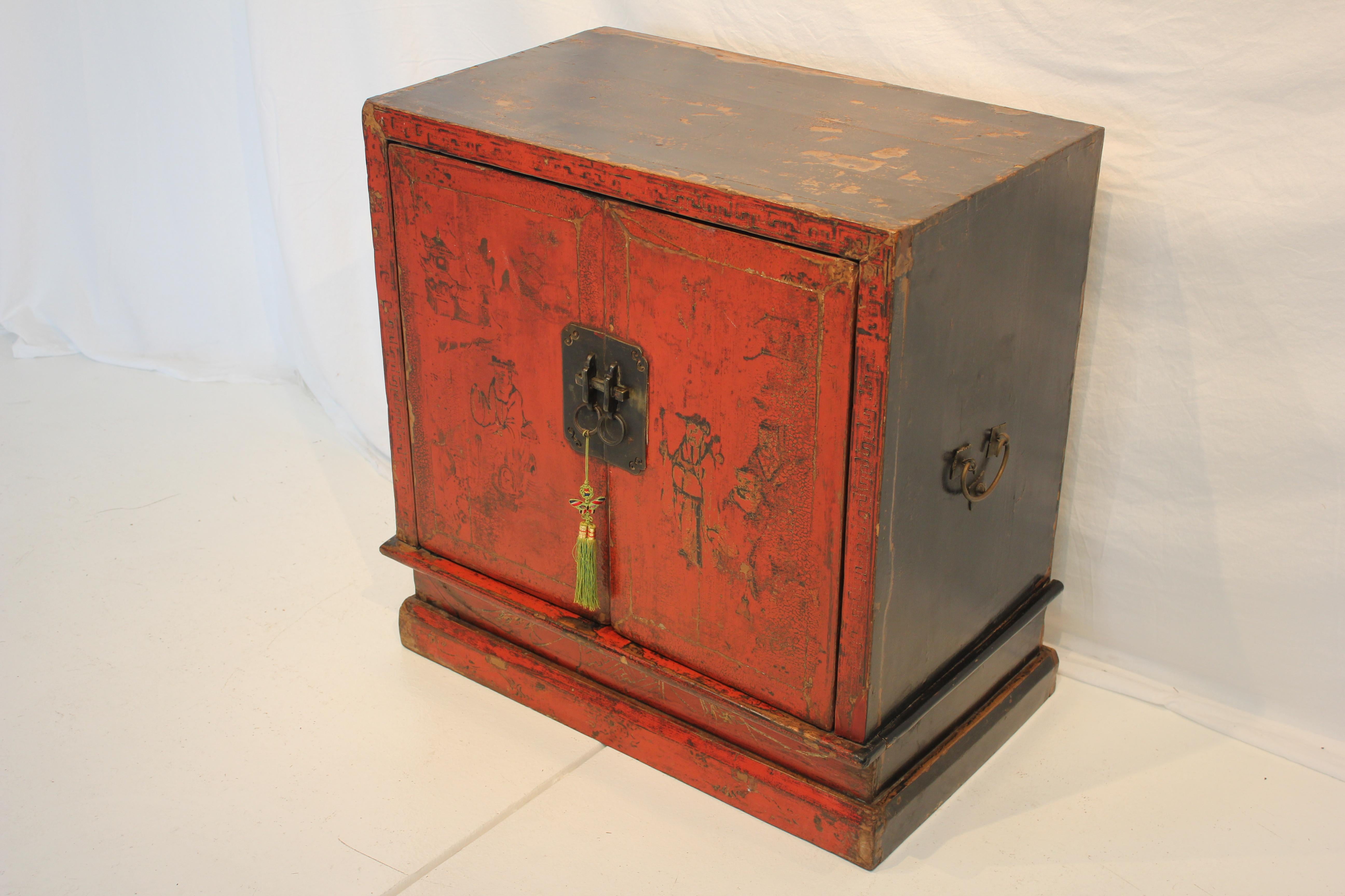 Hand-Crafted Antique Chinese Hand Painted Red Lacquer Chinoiserie Two Door Cabinet Mid 19th C For Sale