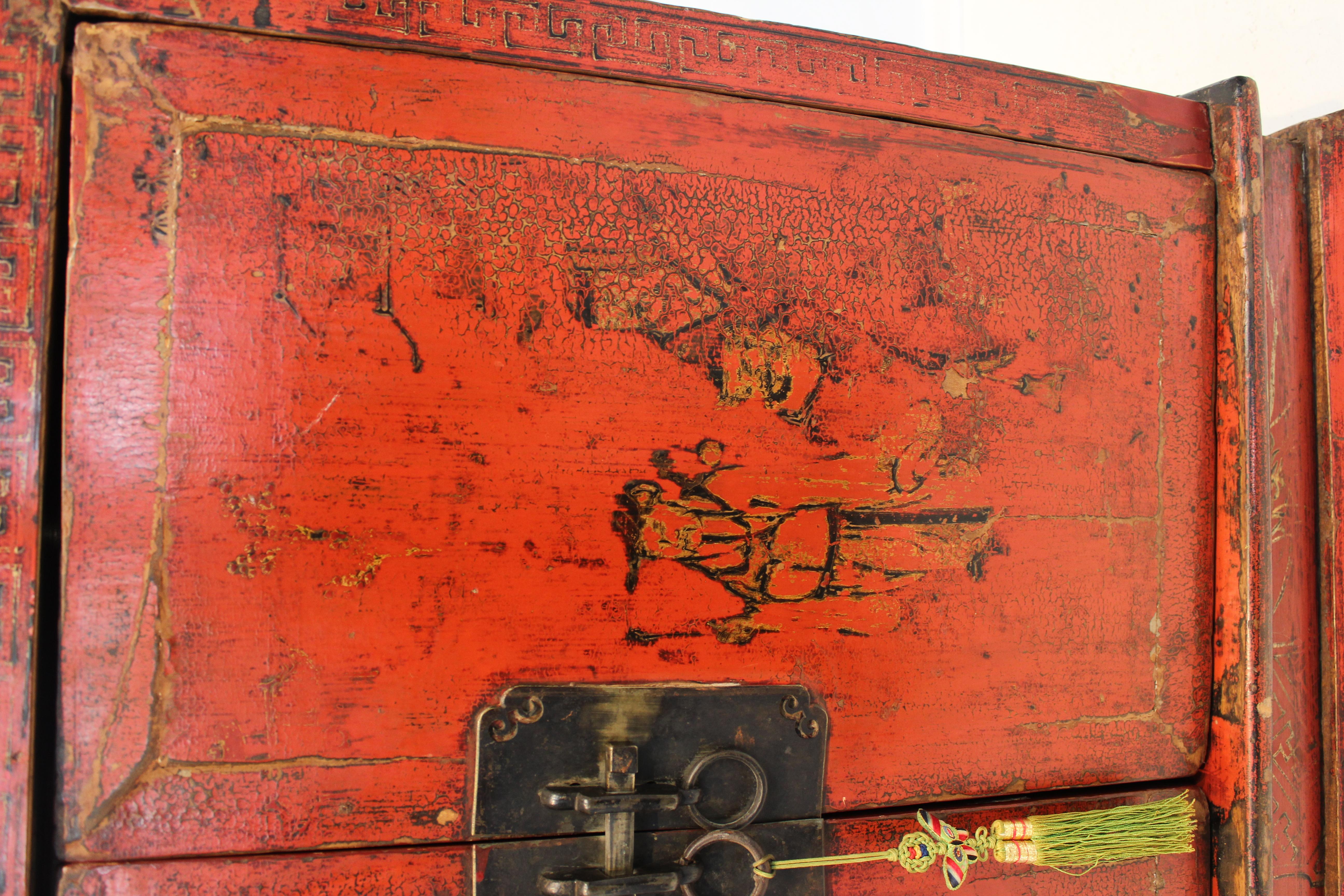 Antique Chinese Hand Painted Red Lacquer Chinoiserie Two Door Cabinet Mid 19th C For Sale 1