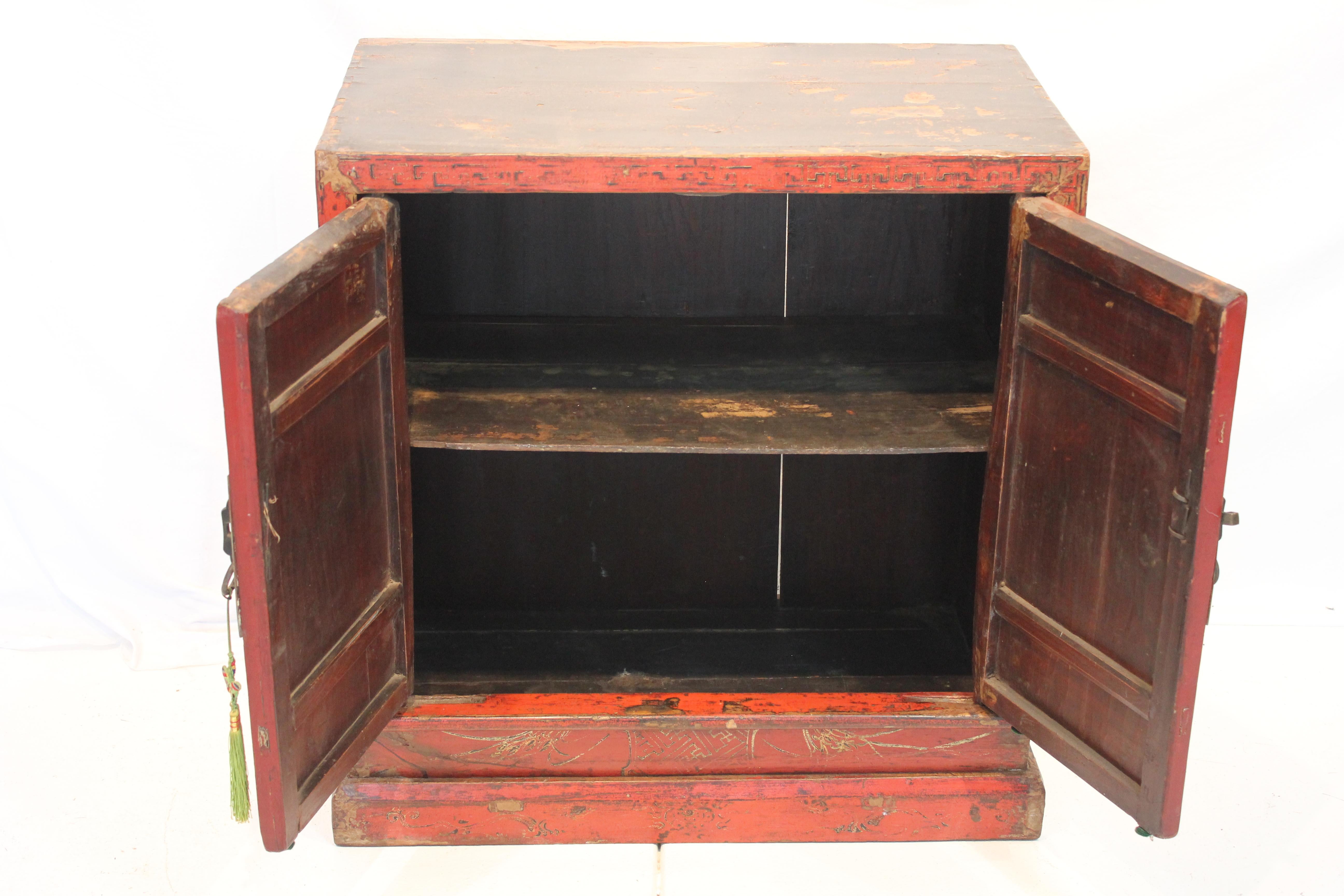 Antique Chinese Hand Painted Red Lacquer Chinoiserie Two Door Cabinet Mid 19th C For Sale 3