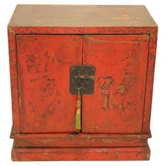 Antique Chinese Hand Painted Red Lacquer Chinoiserie Two Door Cabinet Mid 19th C