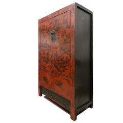 Antique Chinese Hand Painted Red Lacquered Wedding Armoire, Wardrobe