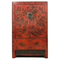 Antique Chinese Hand Painted Red Lacquered Wedding Armoire, Wardrobe