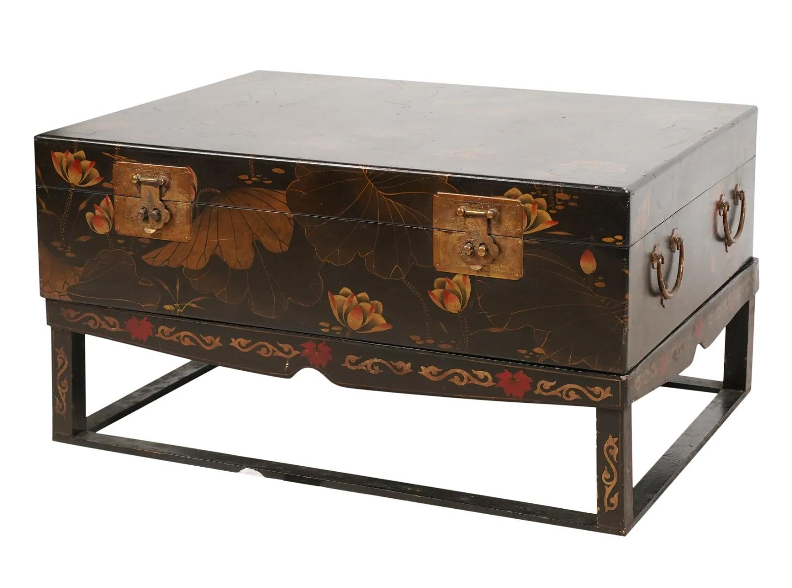 Early 20th Century Chinese Hand Painted Wood Trunk on Paint Decorated Stand.  Overall Dimensions: 18