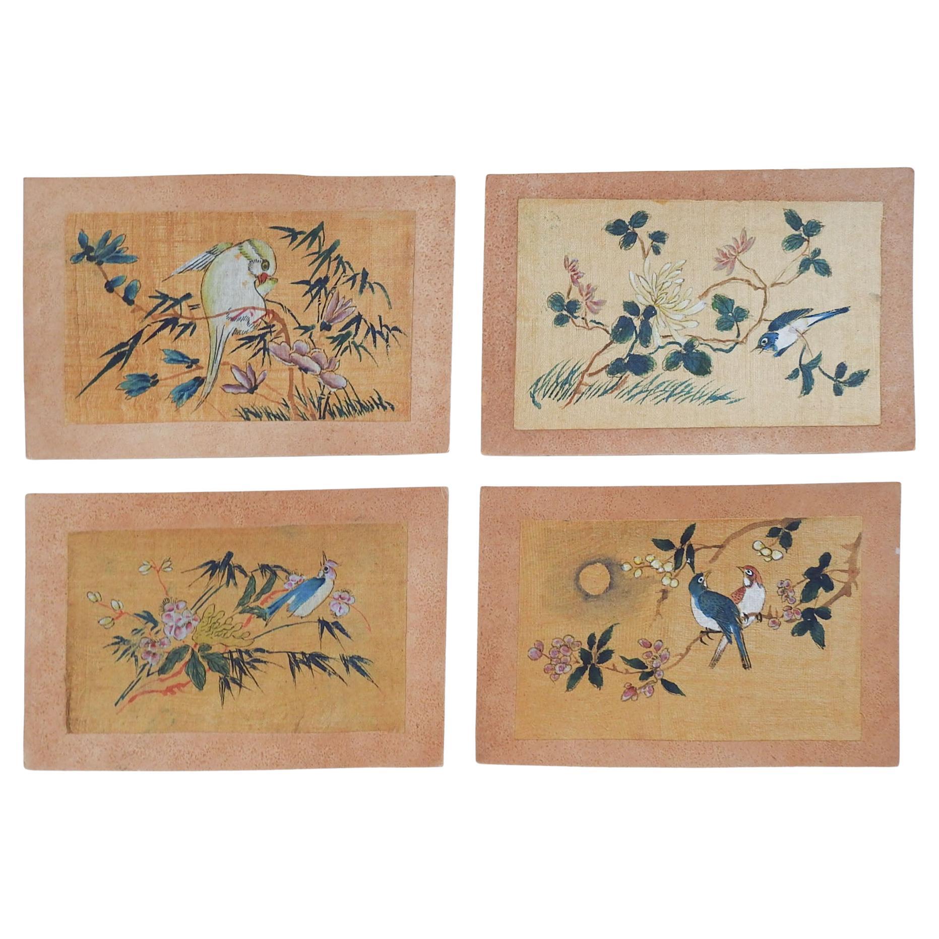Antique Chinese Hand Painted Woodblock Postcards Birds - Set of 4 For Sale