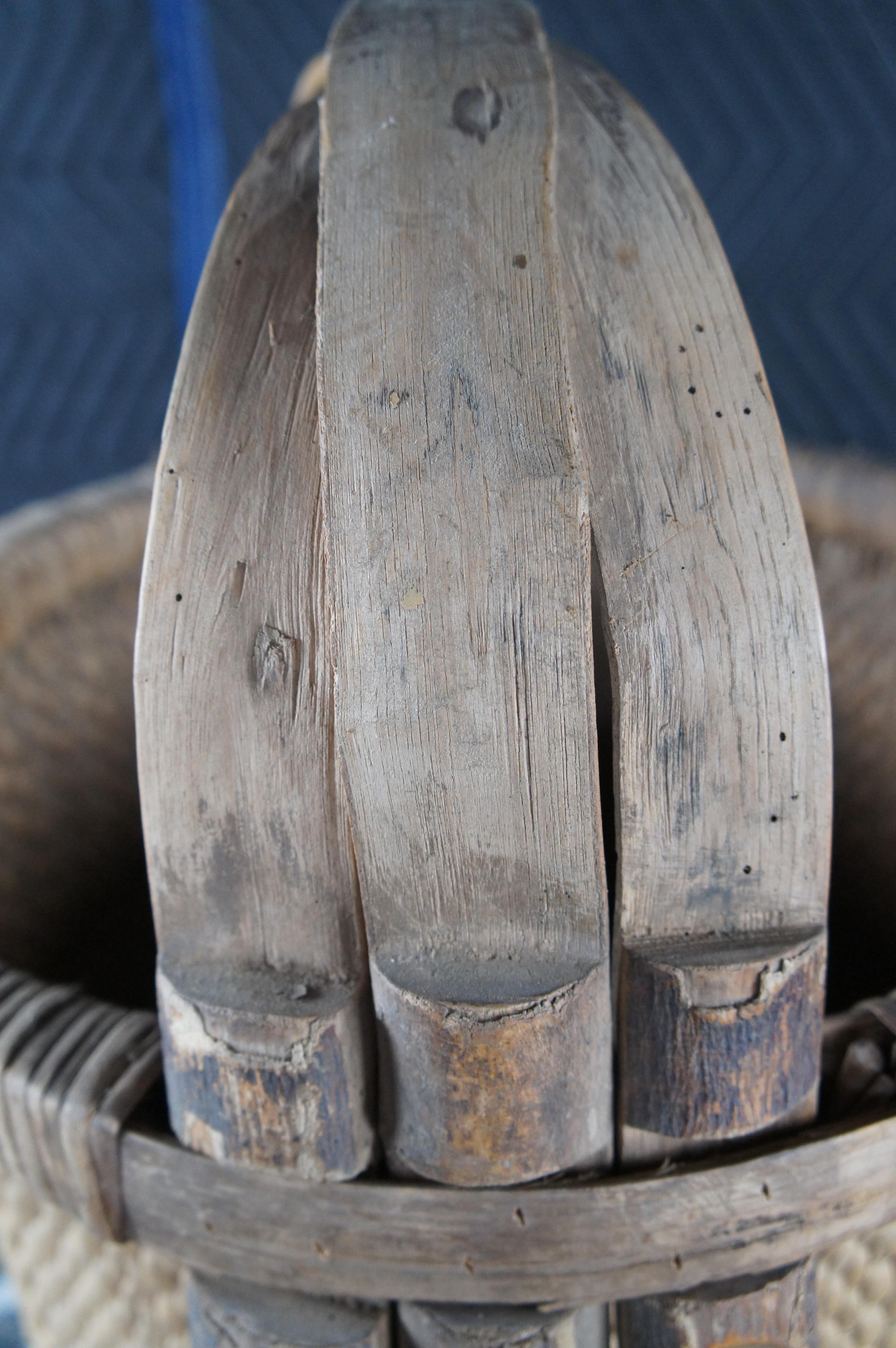 20th Century Antique Chinese Hand Woven Willow Rice Gathering Basket Bentwood Handle Bucket