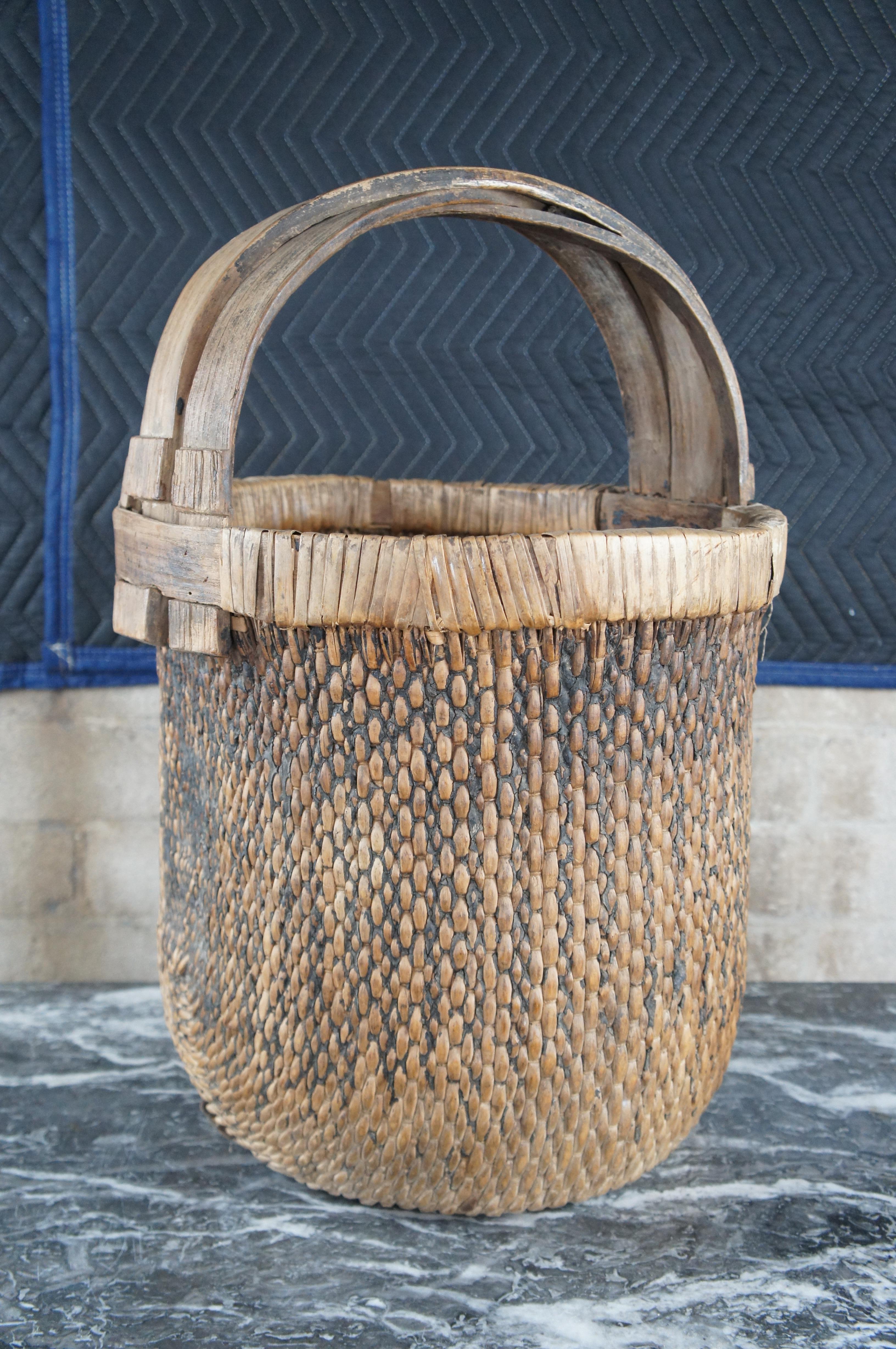 Reed Antique Chinese Hand Woven Willow Rice Gathering Basket Bentwood Handle Bucket For Sale