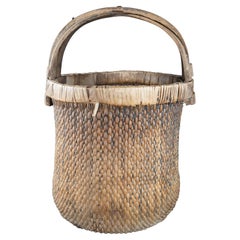 Antique Chinese Hand Woven Willow Rice Gathering Basket Bentwood Handle Bucket