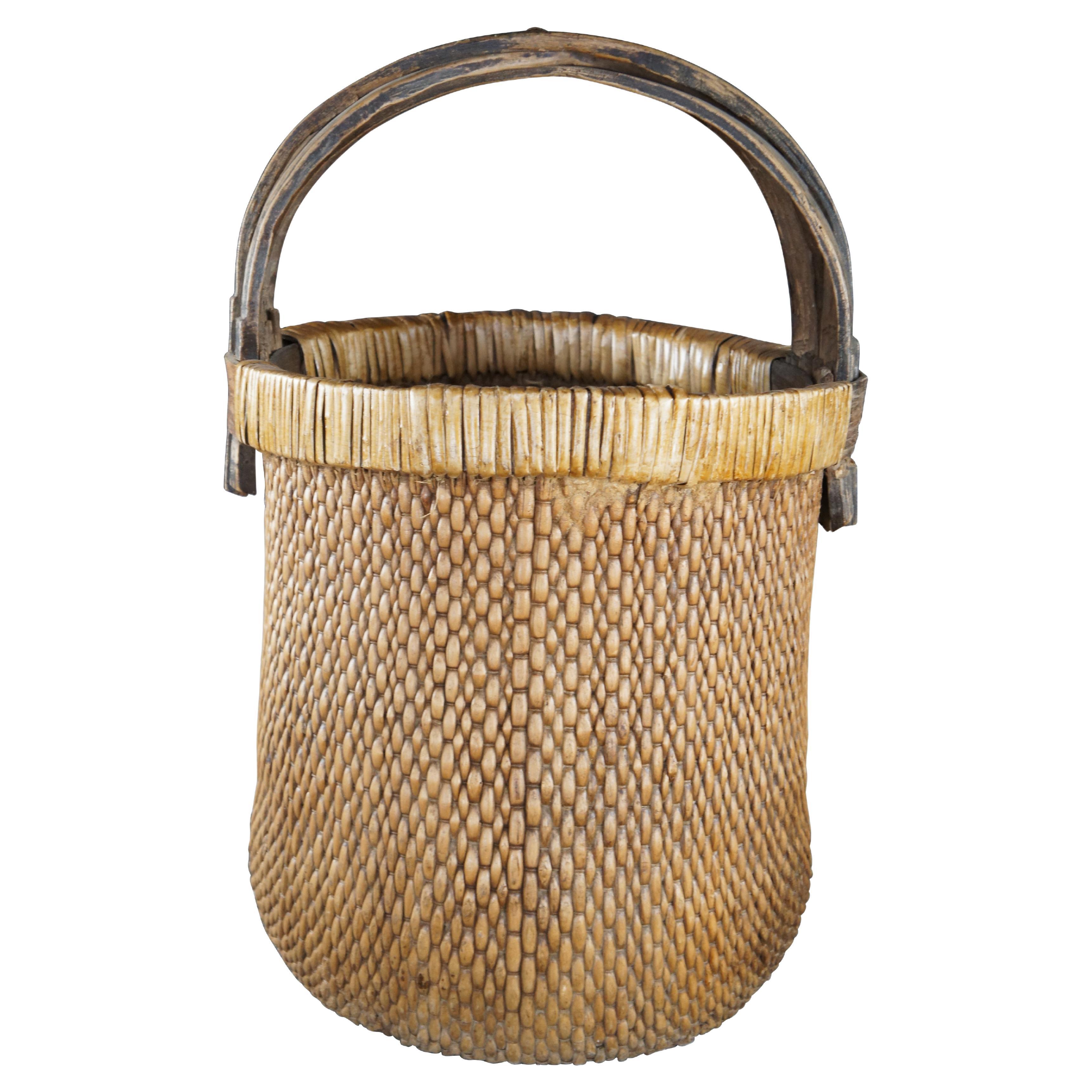 Antique Chinese Hand Woven Willow Rice Gathering Basket Bentwood Handle Bucket For Sale