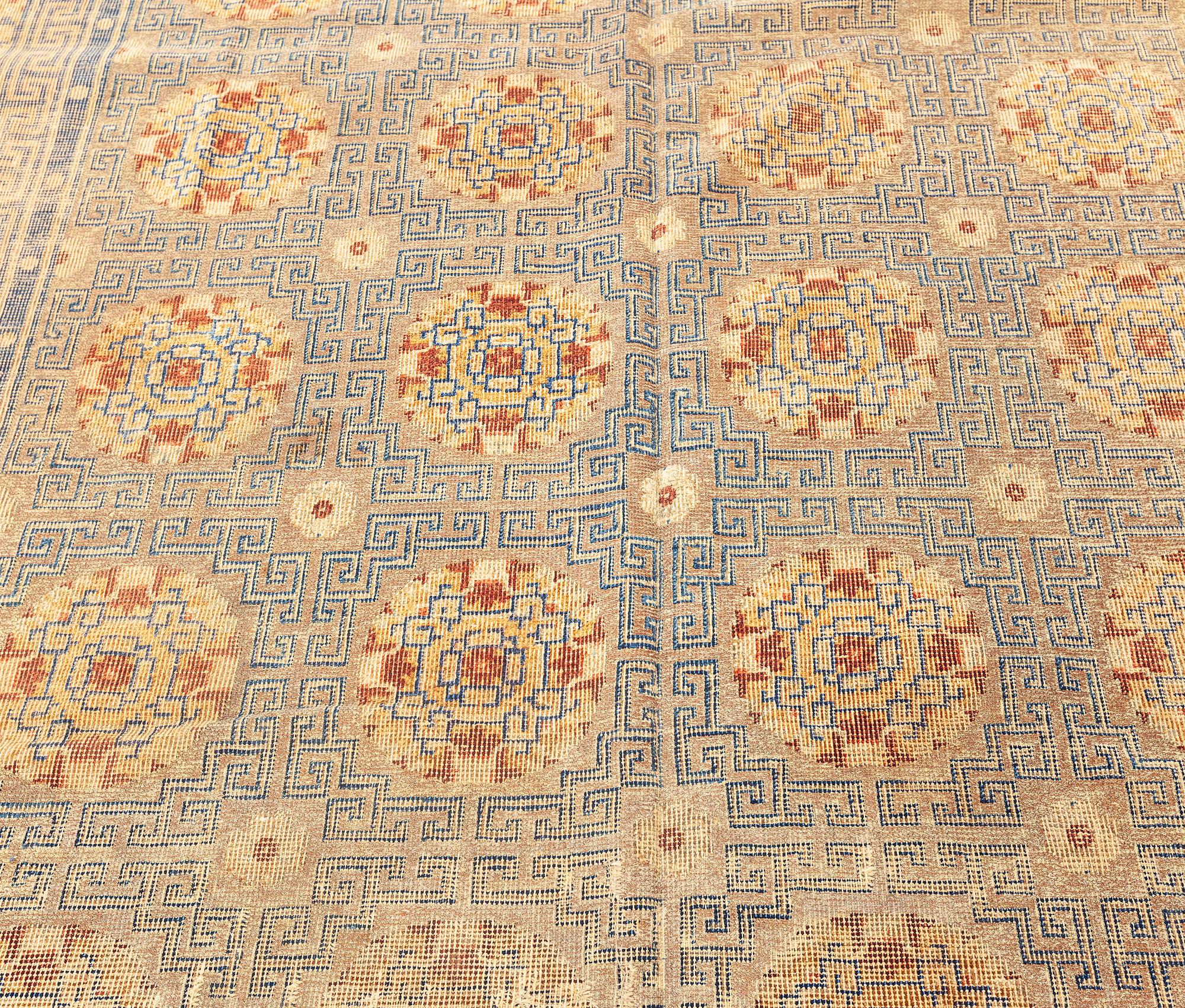 High-quality Antique Chinese Handmade Silk and Metal Thread Rug in Beige, Blue, Orange, Yellow
Size: 6'1