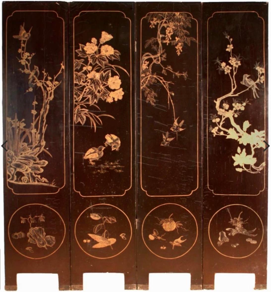 Antique Chinese four panel Coromandel black Lacquer screen with stone inlay
Beautifully hand painted antique 4 panel screen. Black lacquer with inlaid stones. Over 100 years old from mainland China and dating back to 19th Century. Excellent