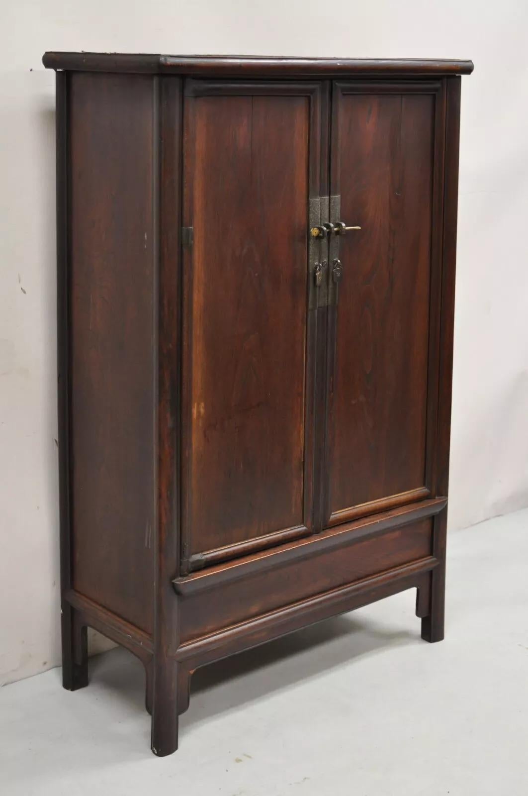 Antique Chinese Hardwood 2 Door Wardrobe Wedding Cabinet with 2 Small Interior Drawers. Circa Late 19th Century. Measurements: 54