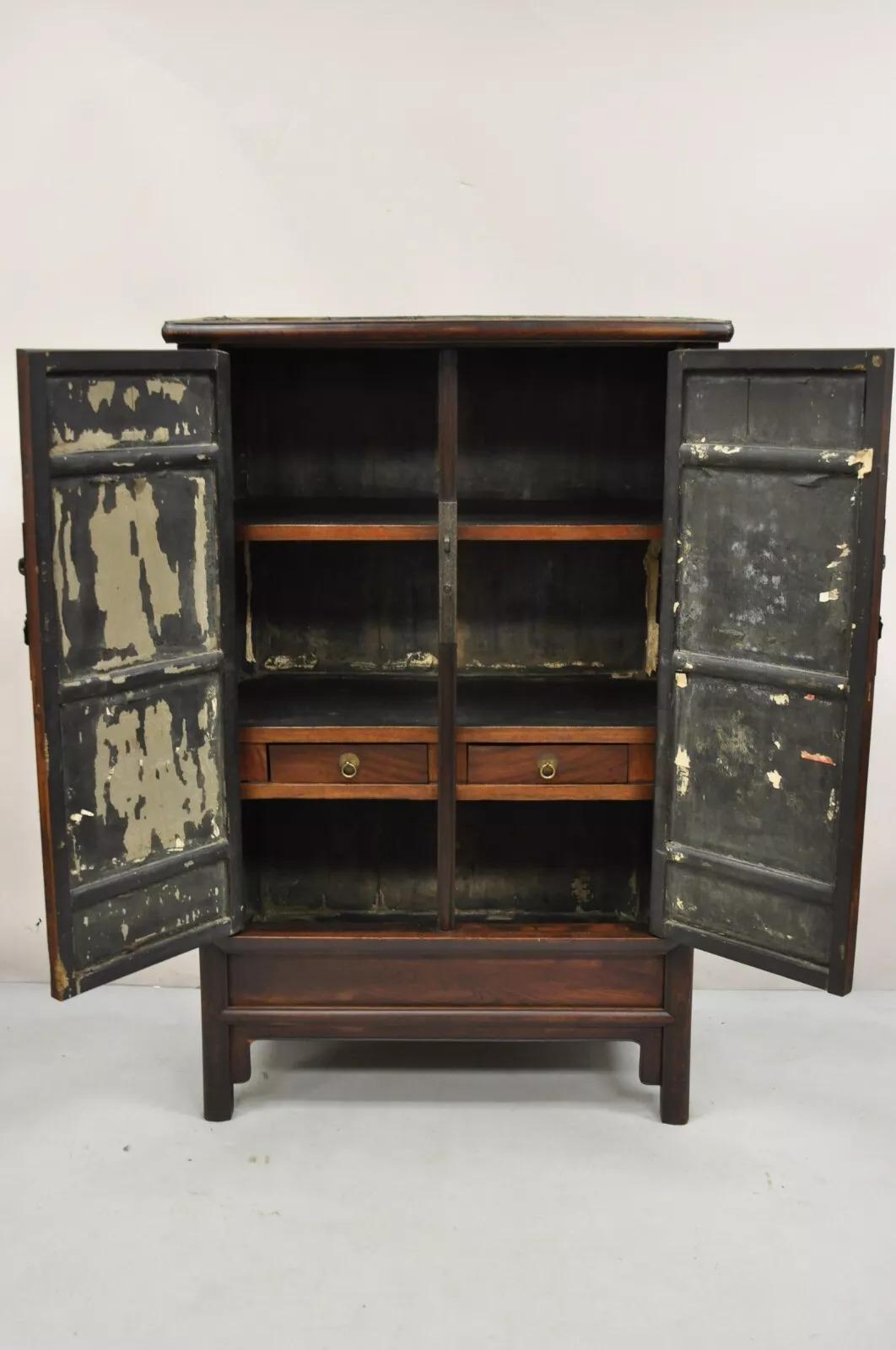 Chinoiserie Antique Chinese Hardwood 2 Door Wardrobe Wedding Cabinet with Drawers For Sale