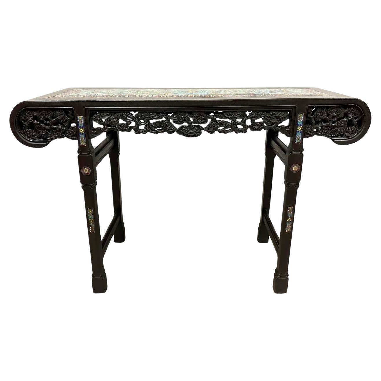 Antique Chinese Hardwood Altar Table with Cloisonne inlay on top and legs