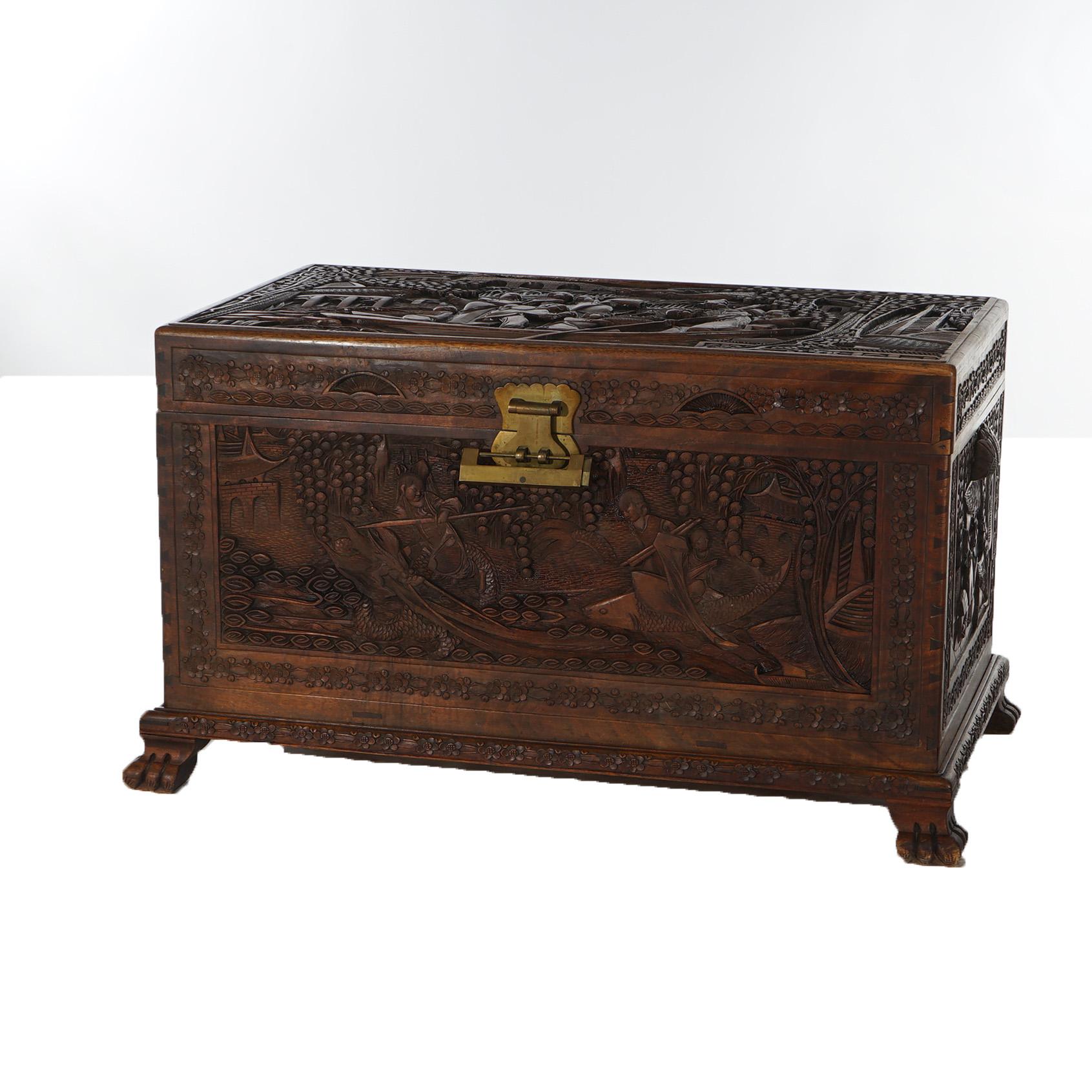 20th Century Antique Chinese Hardwood Carved in Relief Chinoiserie Blanket Chest Chest C1920 For Sale