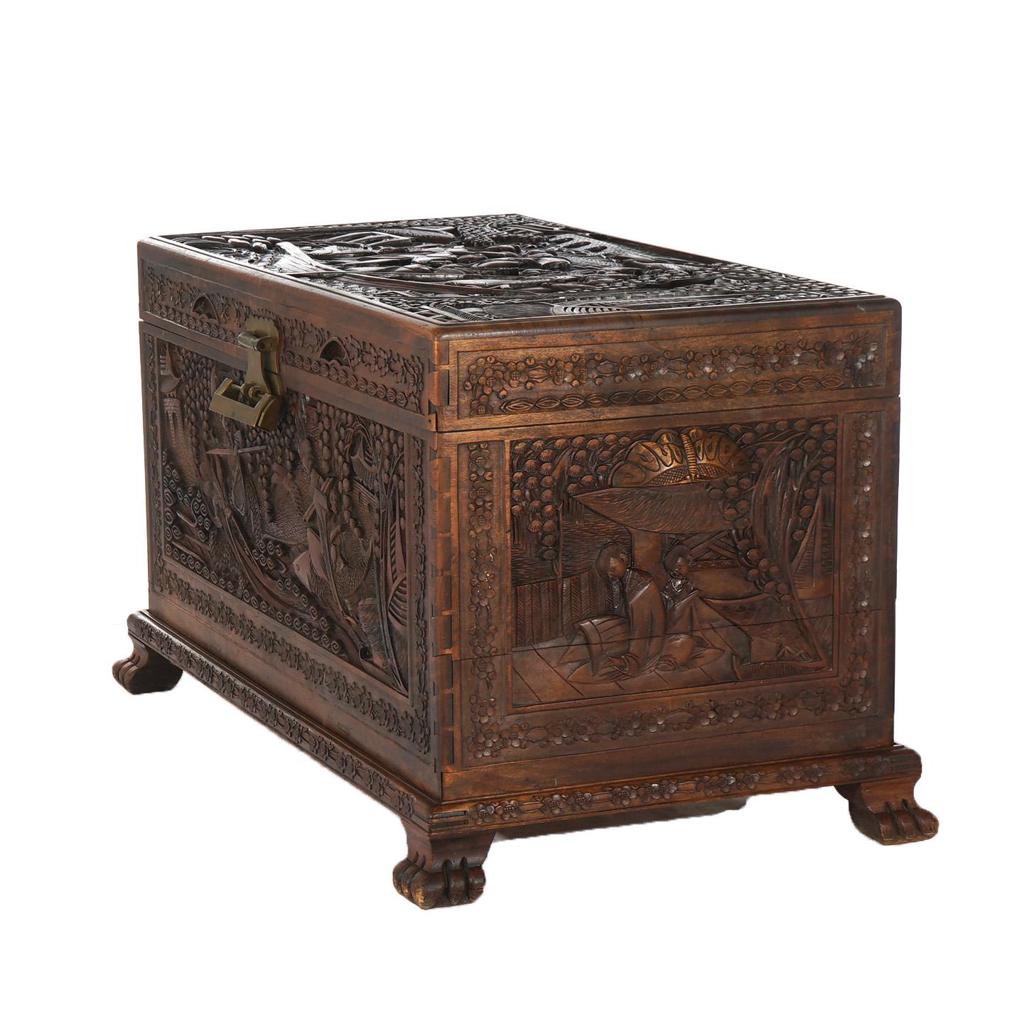 Antique Chinese Hardwood Carved in Relief Chinoiserie Blanket Chest Chest C1920 For Sale 1