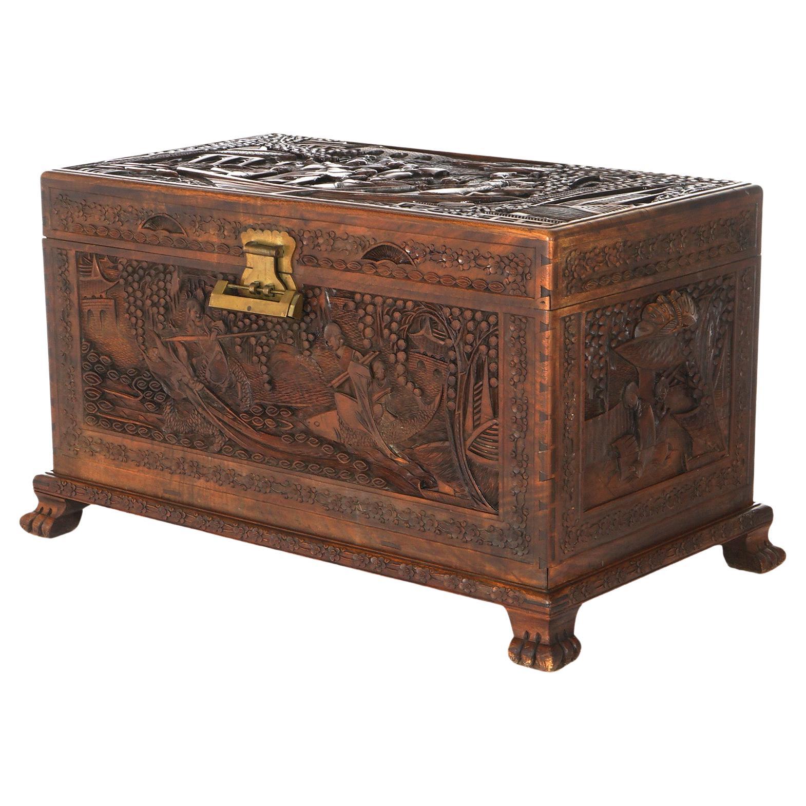 Antique Chinese Hardwood Carved in Relief Chinoiserie Blanket Chest Chest C1920 For Sale